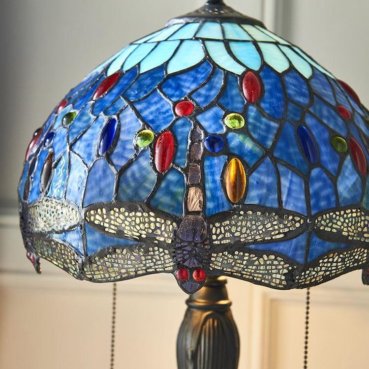 blue dragonfly medium tiffany lamp Close Up Lit Image