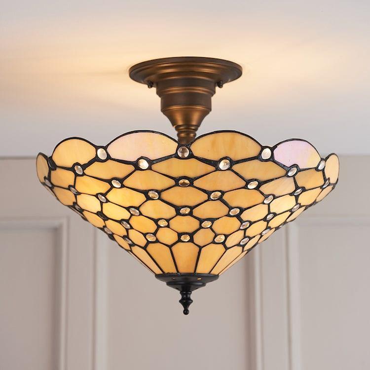 pearl tiffany semi flush ceiling light Close Up Lit Image