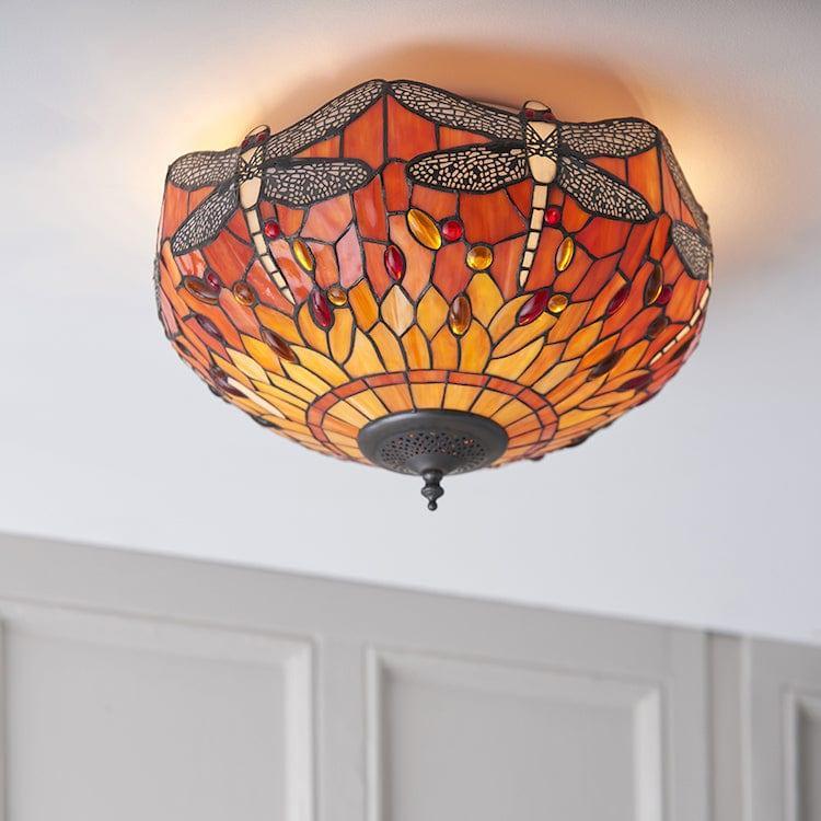 Flame Dragonfly 41cm Flush Tiffany 2 Light Ceiling Light