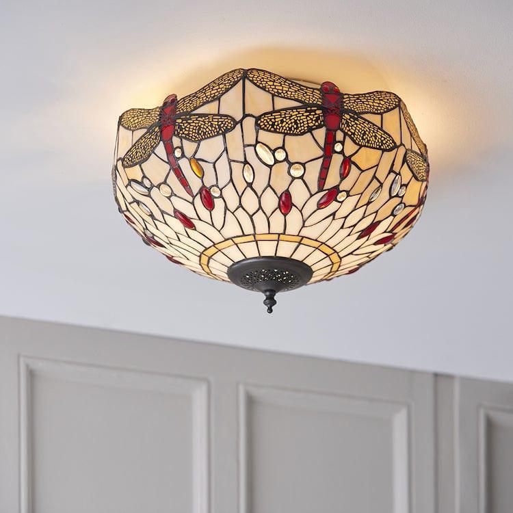 Beige Dragonfly Medium Flush Tiffany Ceiling Light