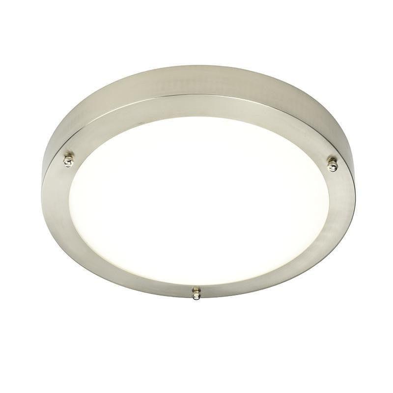 portico satin nickel finish and frosted glass flush led bathroom ceiling lightby saxby lighting