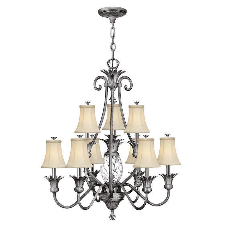 Traditional Ceiling Pendant Lights - Hinkley Plantation Polished Antique Nickle 9lt + 1lt Chandelier Ceiling Light HK/PLANT10 PL