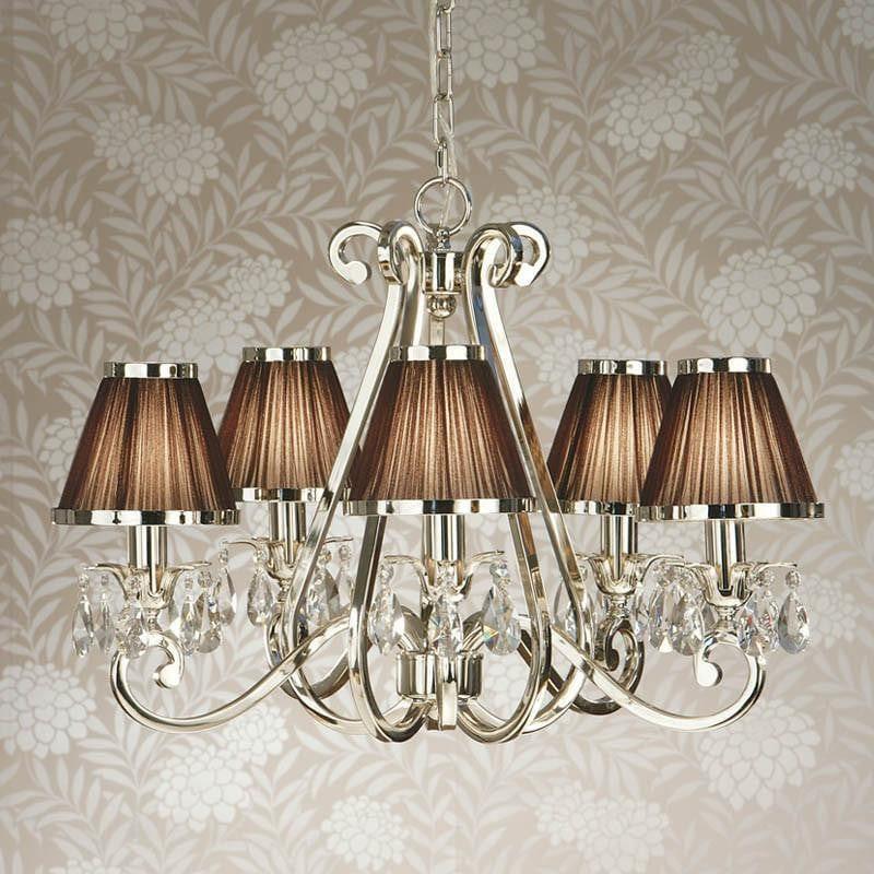 Traditional Ceiling Pendant Lights - Oksana Polished Nickel Finish 5 Light Chandelier With Chocolate Shades 63511