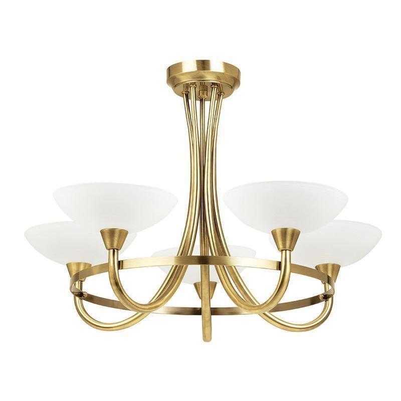 Traditional Flush And Semi Flush Ceiling Lights - Cagney 5LT Antique Brass & White Painted Glass With Lines Semi Flush Ceiling Light CAGNEY-5AB