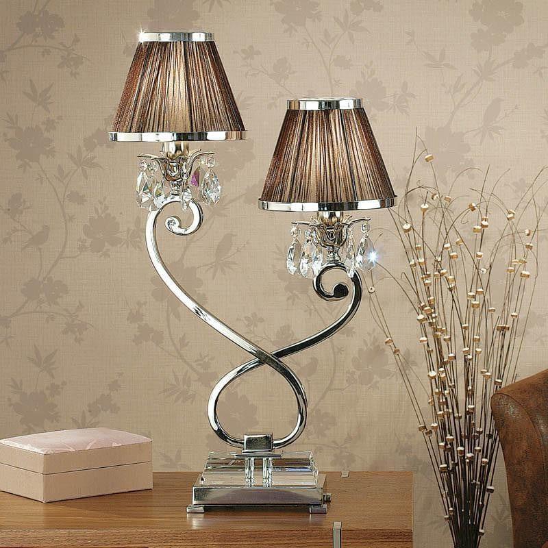 Oksana Polished Nickel Double Table Lamp - Chocolate Shades 1