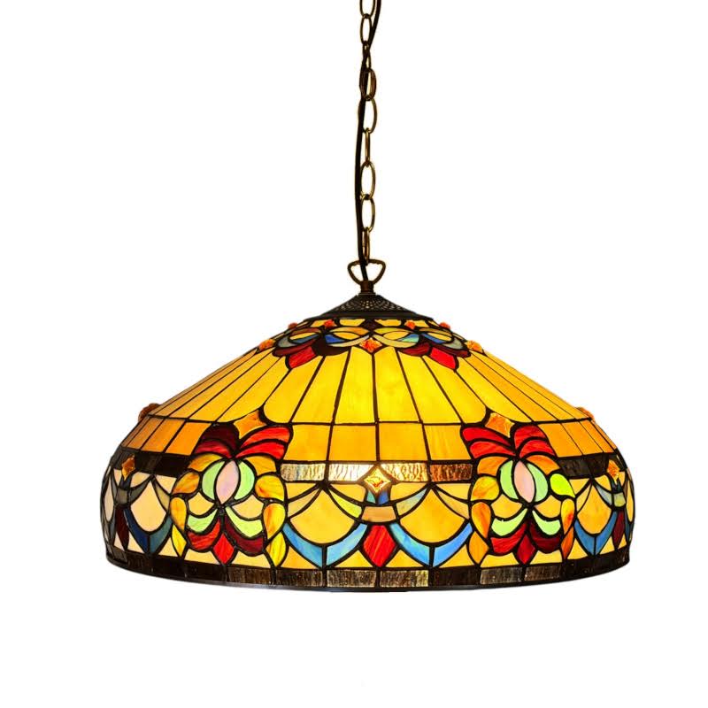 Colorful stained glass pendant light on a white background
