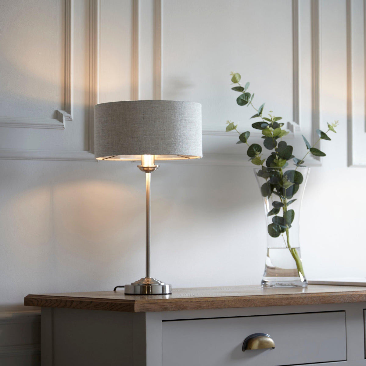 Endon Highclere Brushed Chrome Table Lamp - Linen Shade-warehouse-180926