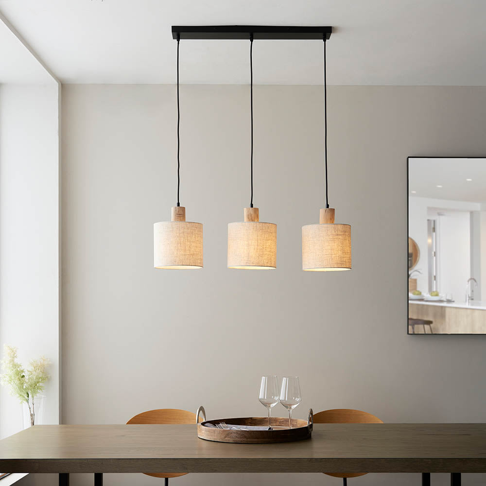 Durban 3 Light Linear Black & Wood Pendant - Linen Shades