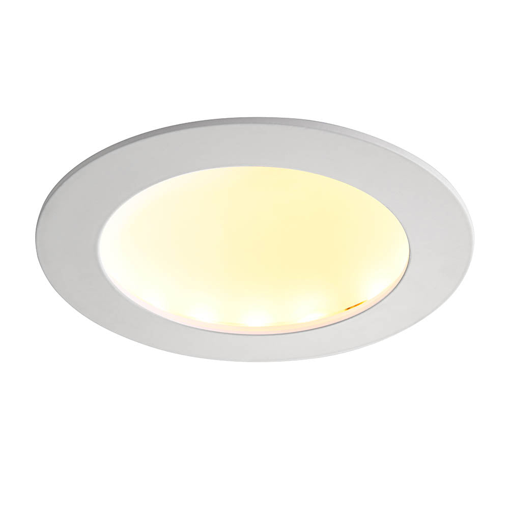 A flush-mount circular recessed ceiling light with a white metal frame and a warm yellow illuminated diffuser, shown against a plain white background.