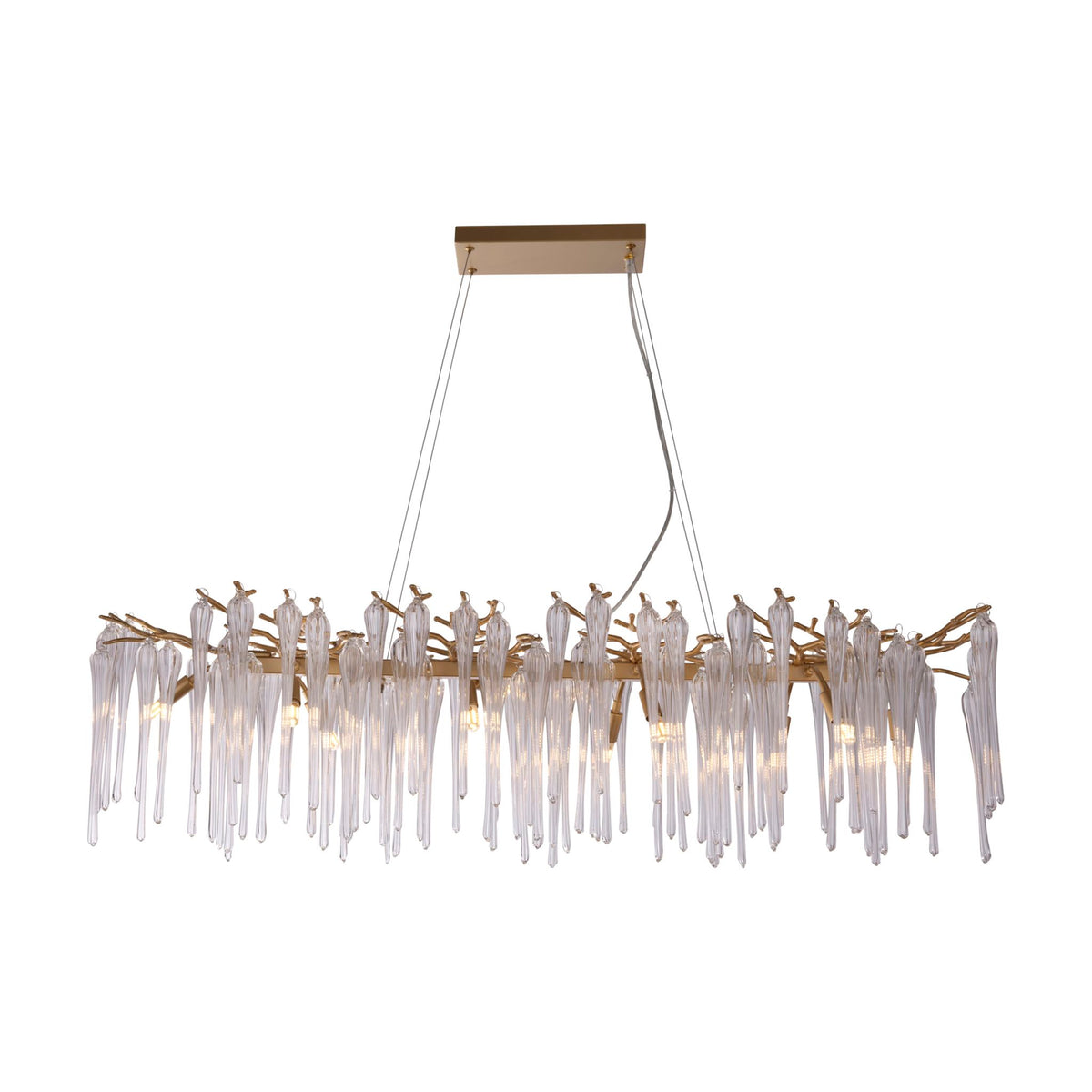 Heritage 10-light linear chandelier lit with gold frame and clear glass droplets