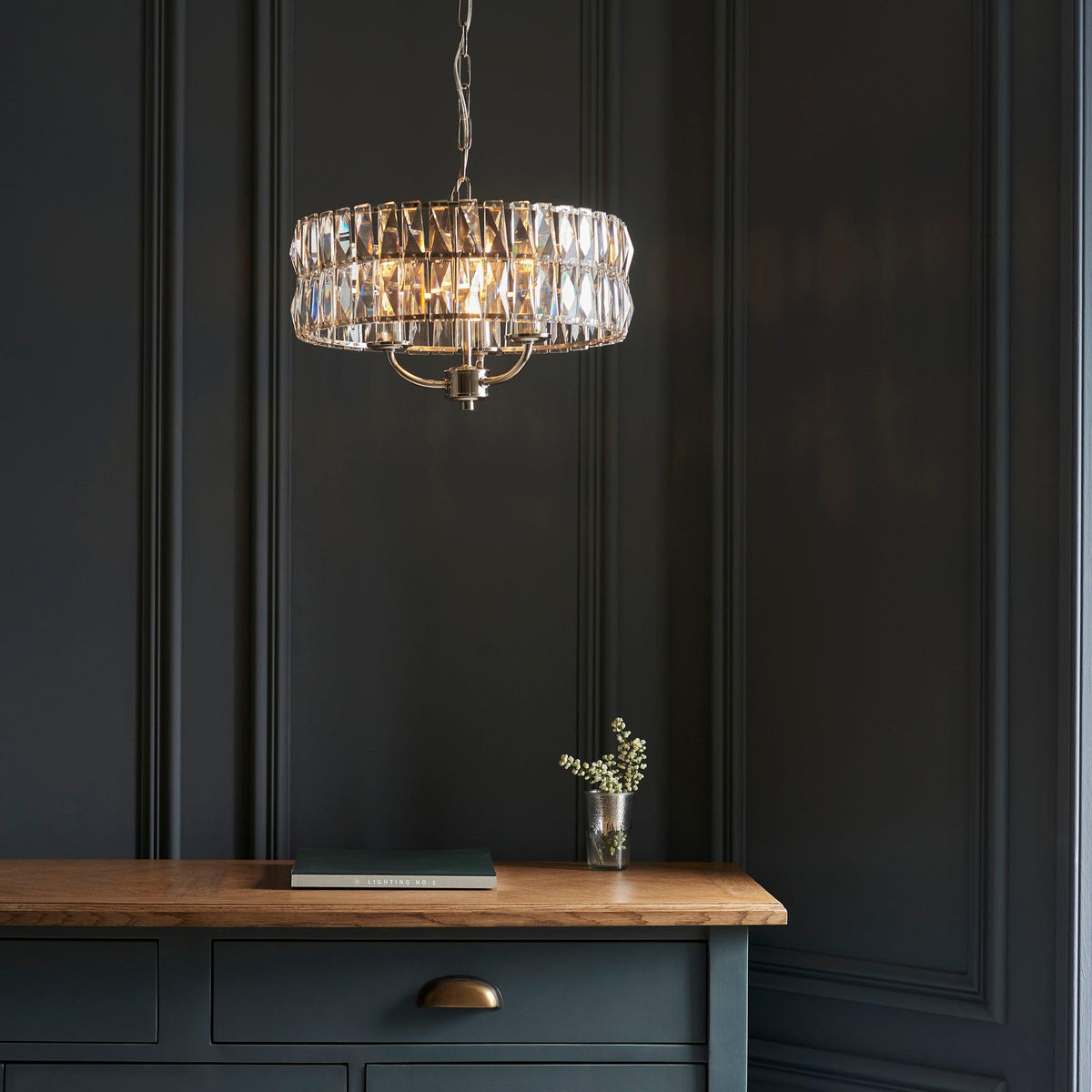 Clifton 3 Light Nickel & Clear Cut Glass Pendant-OB-180926