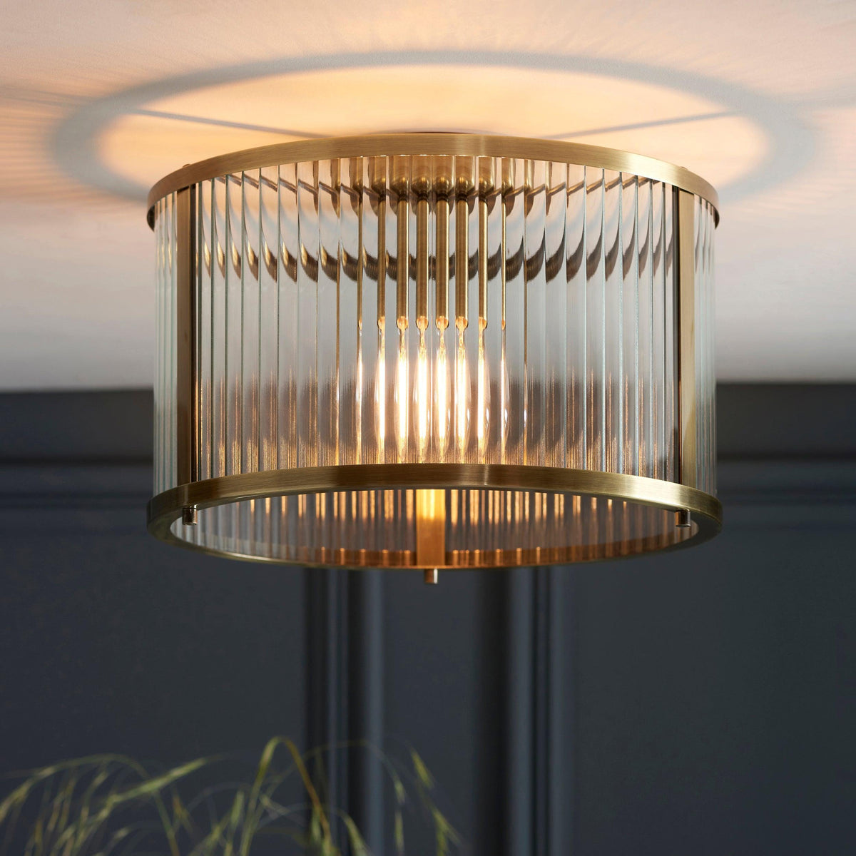Endon Ridgeton Antique Brass & Ribbed Shade Glass Ceiling Flush-OB-180926