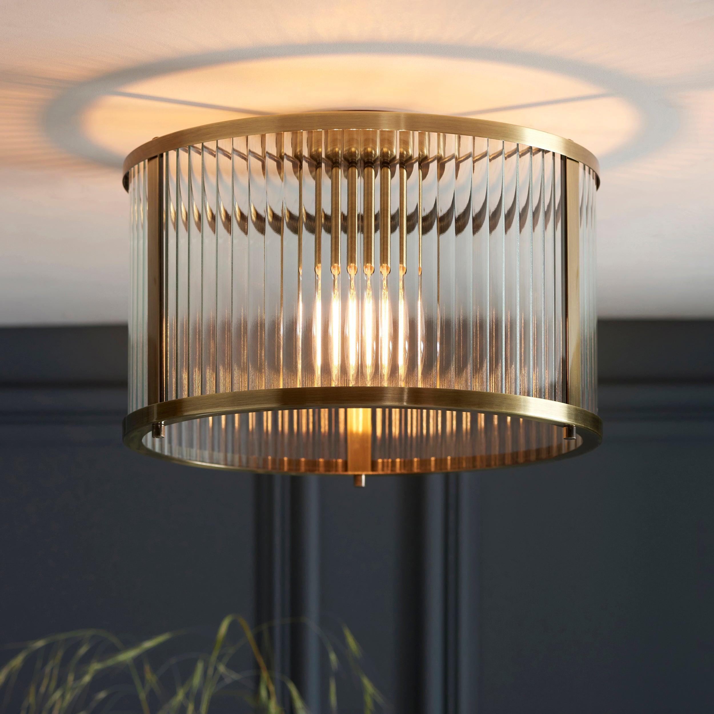 Endon Ridgeton Antique Brass & Ribbed Shade Glass Ceiling Flush-OPEN-BOX-040626