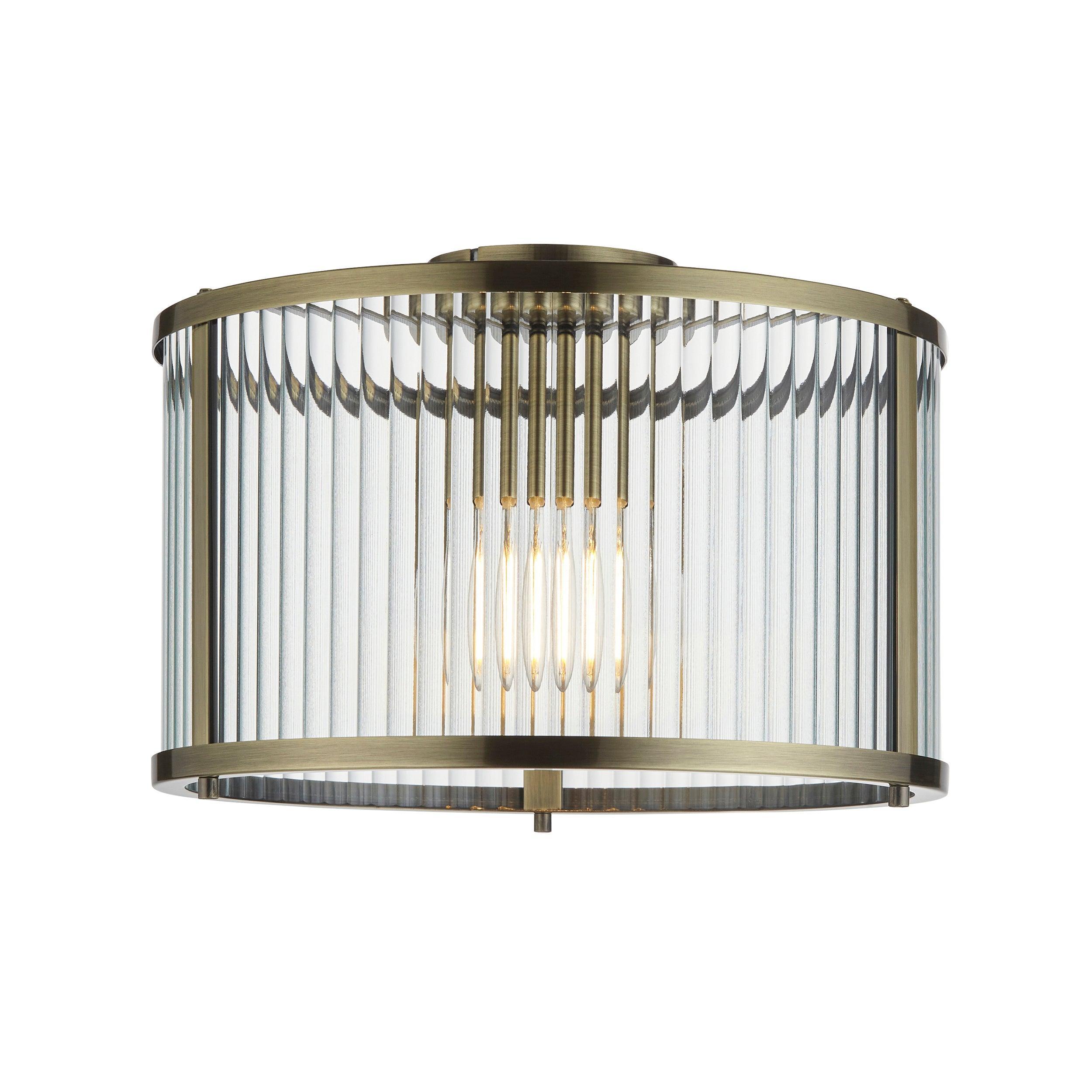 Endon Ridgeton Antique Brass & Ribbed Shade Glass Ceiling Flush-OPEN-BOX-040626