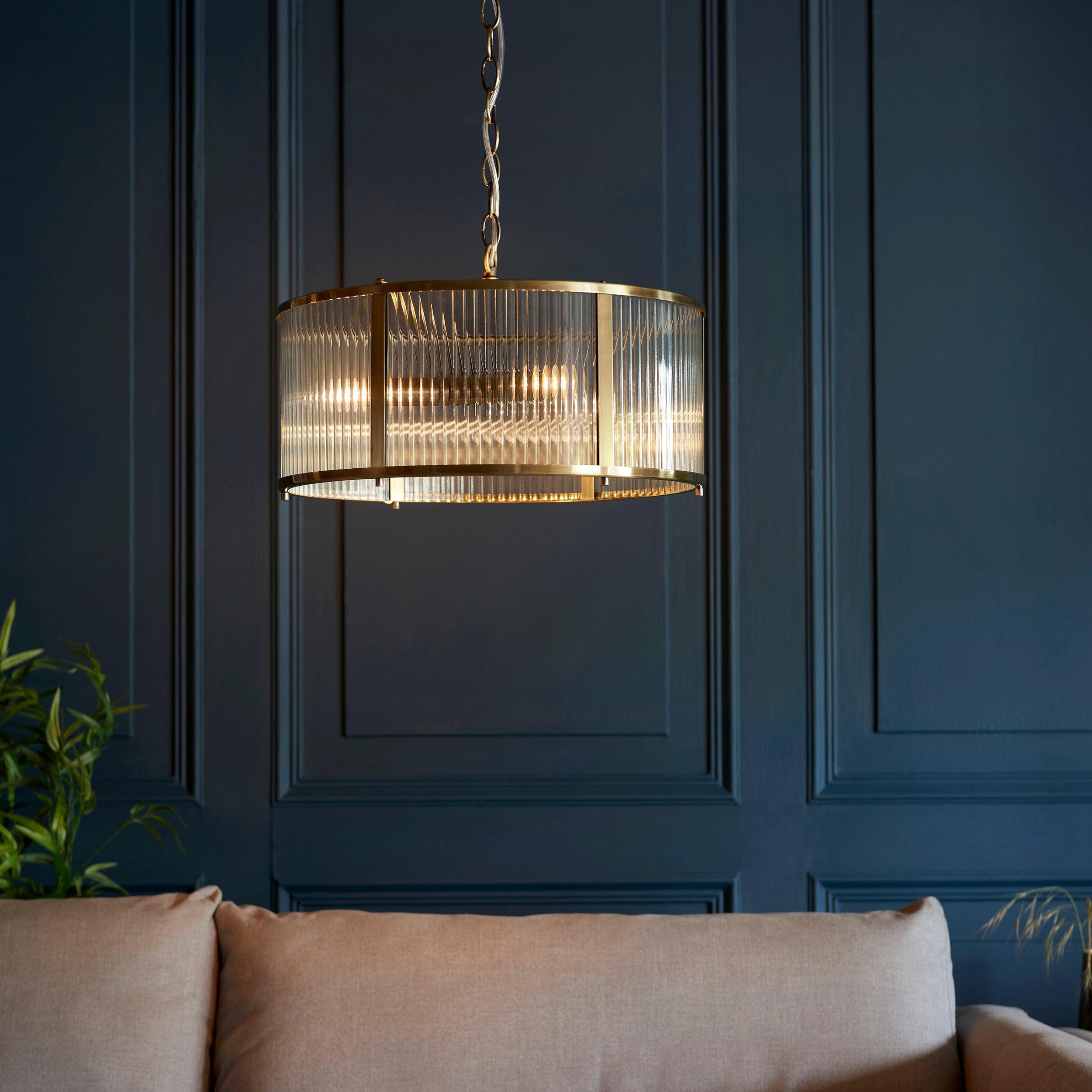 Ridgeton 3 Light Antique Brass & Ribbed Shade Glass Pendant-OPEN-BOX-BSL-270826