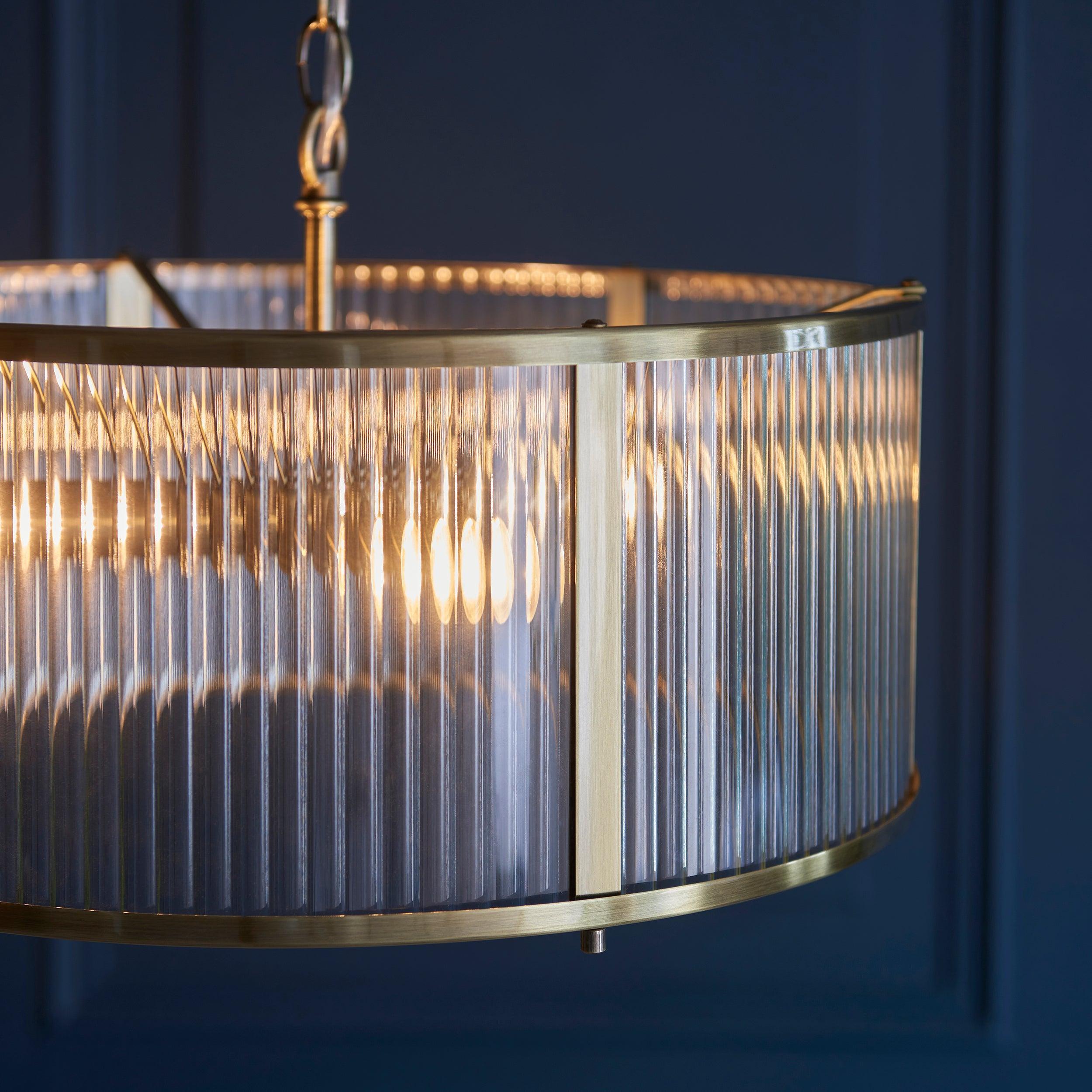 Ridgeton 3 Light Antique Brass & Ribbed Shade Glass Pendant-OPEN-BOX-BSL-270826