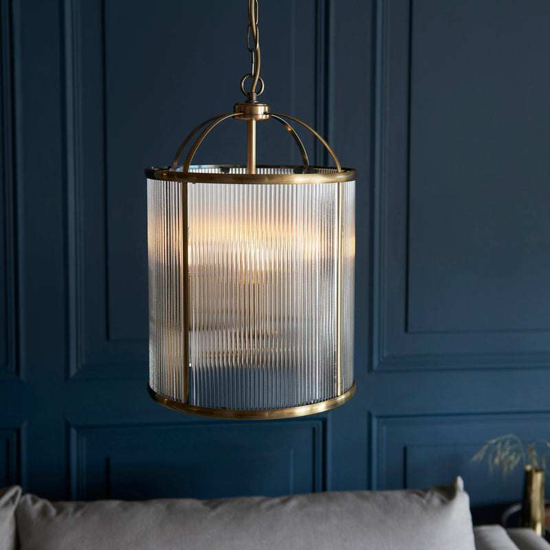 Lambeth 4 Light Brass & Ribbed Glass Ceiling Pendant106711_Lifestyle Close-up