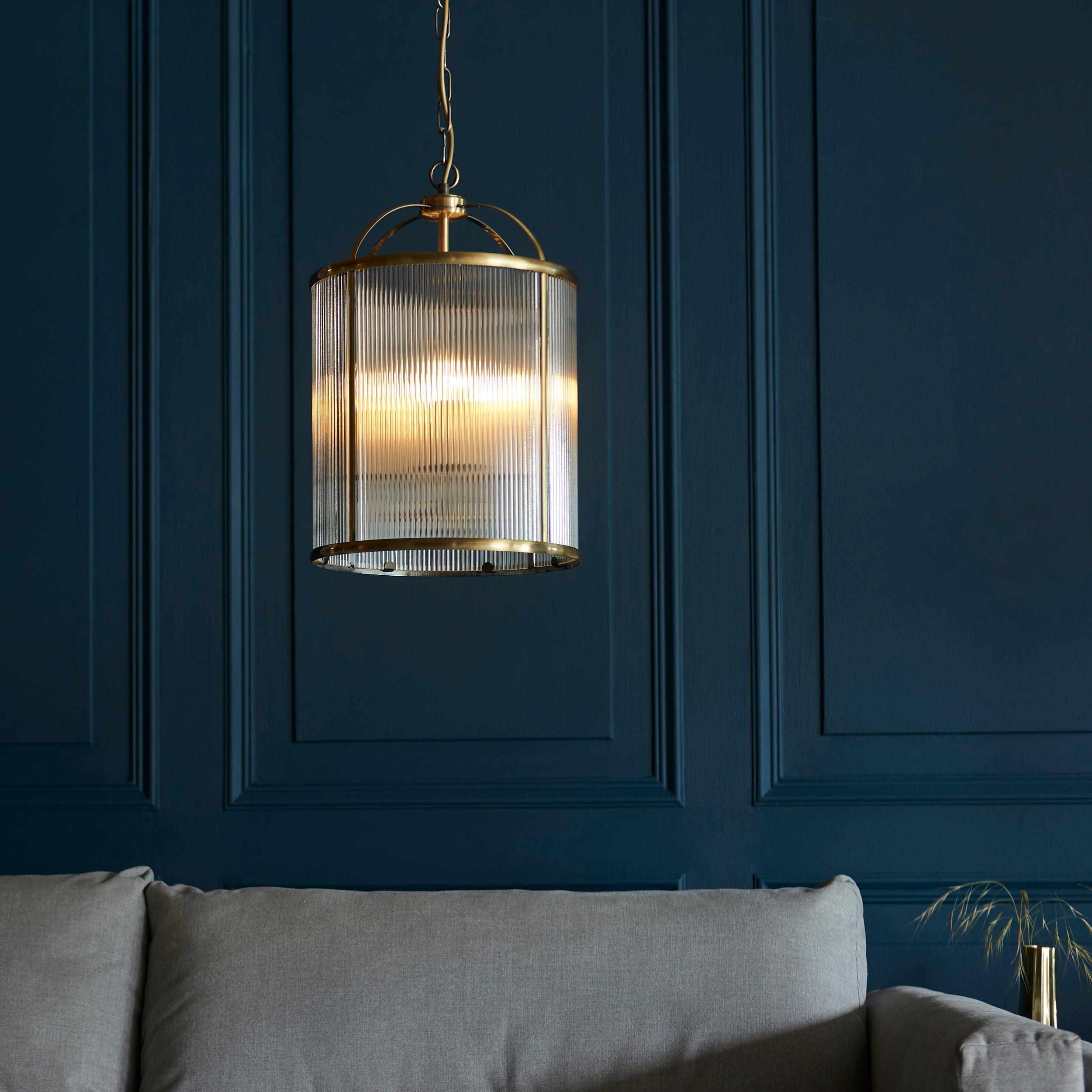 Lambeth 4 Light Brass & Ribbed Glass Ceiling Pendant-warehouse-clearance-020426