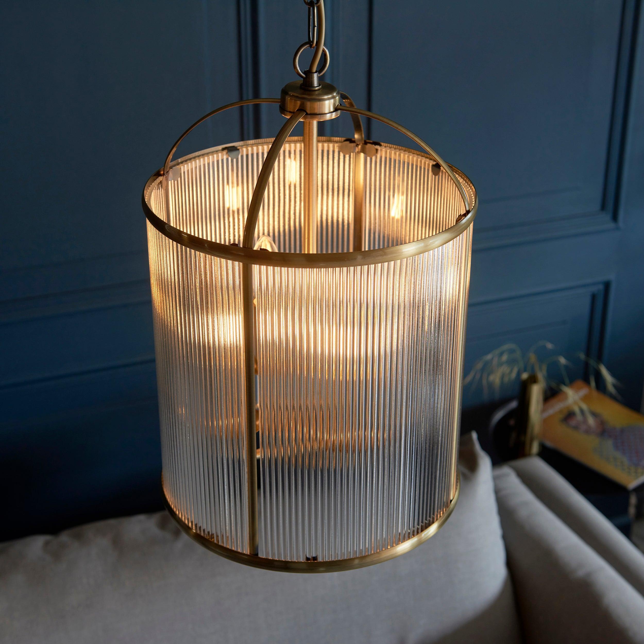 Lambeth 4 Light Brass & Ribbed Glass Ceiling Pendant-warehouse-clearance-020426
