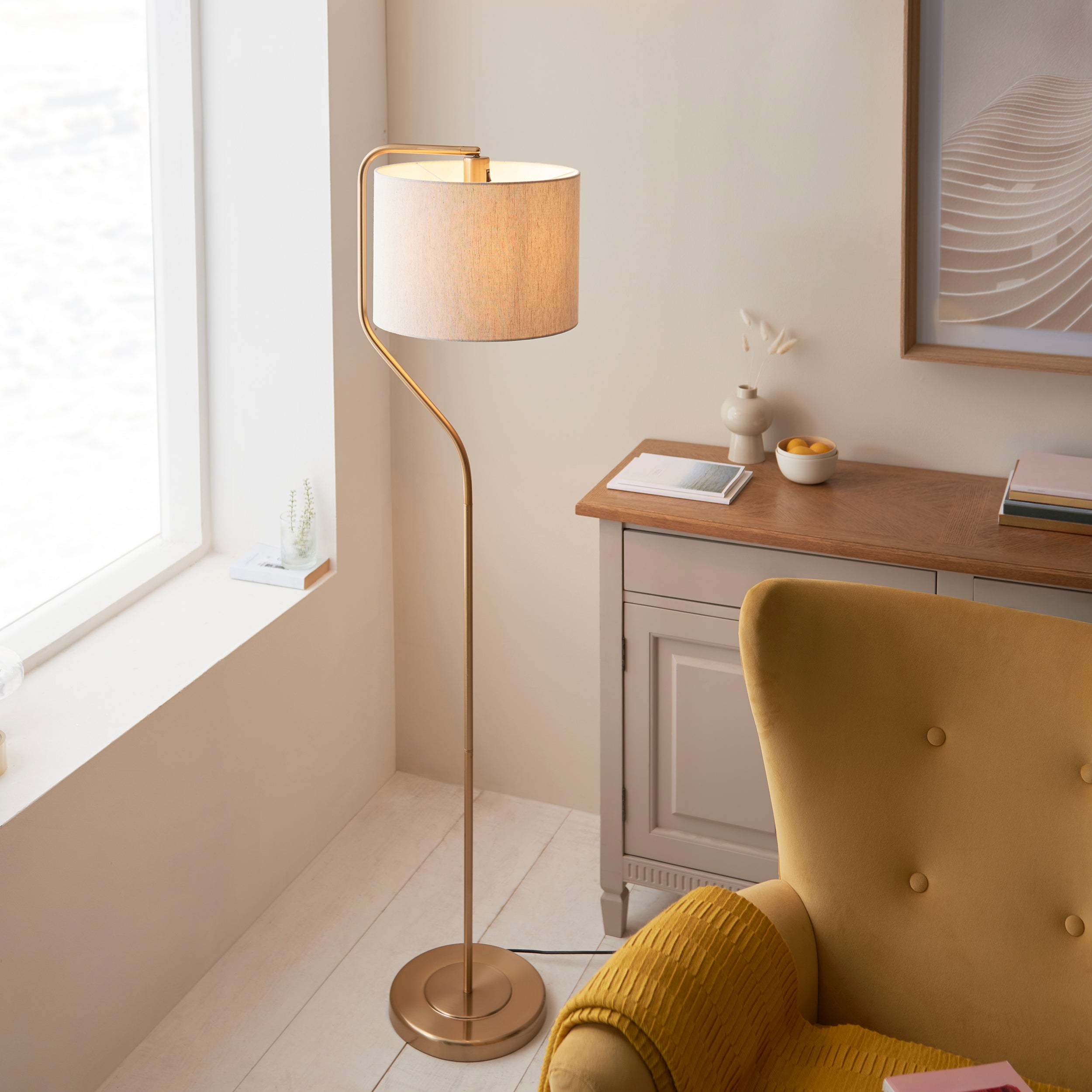 Clement Brass Floor Lamp With Natural Linen Shade