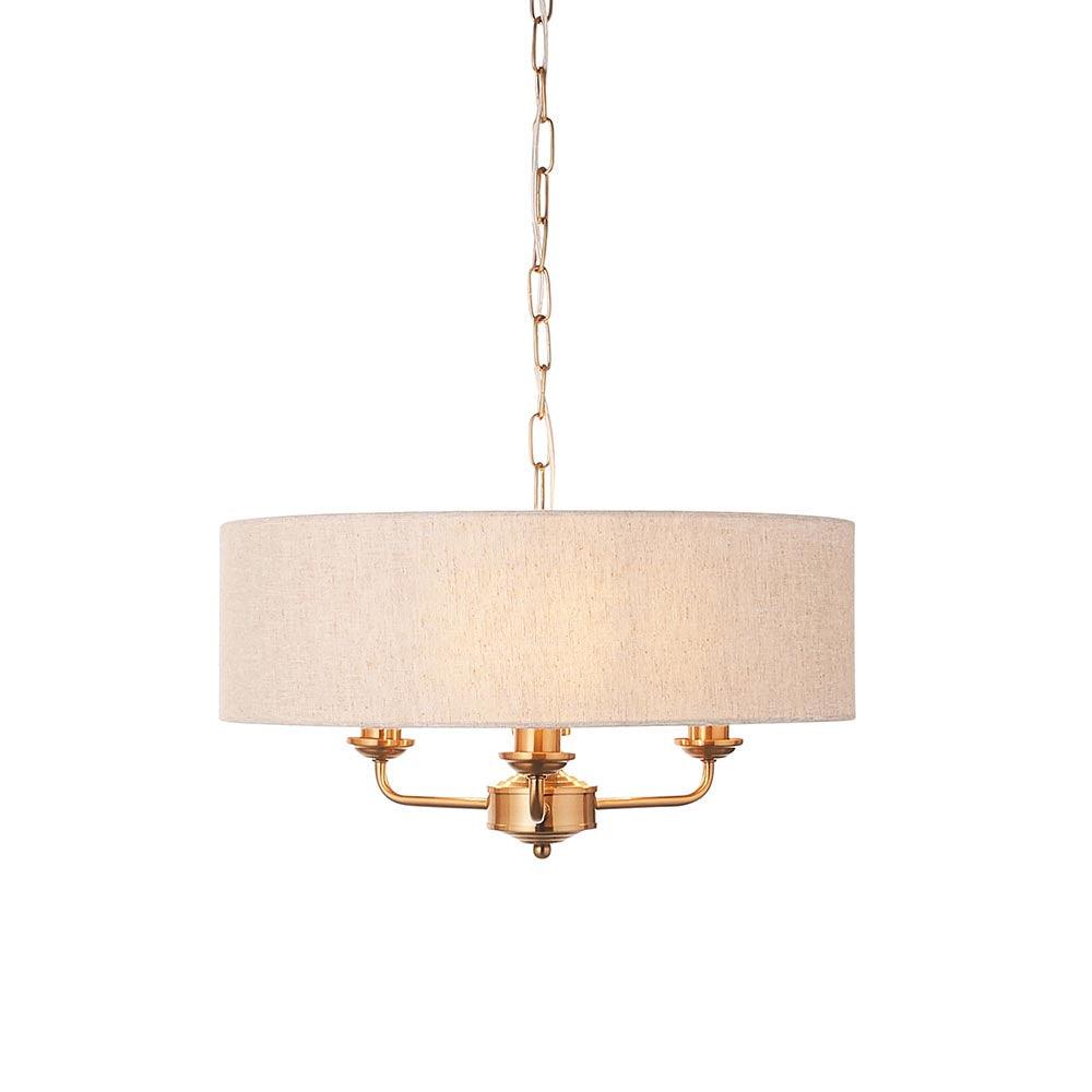 highclere aged brass 3 light pendant natural linen shade by Endon Lighting Hallway lights Close Up
