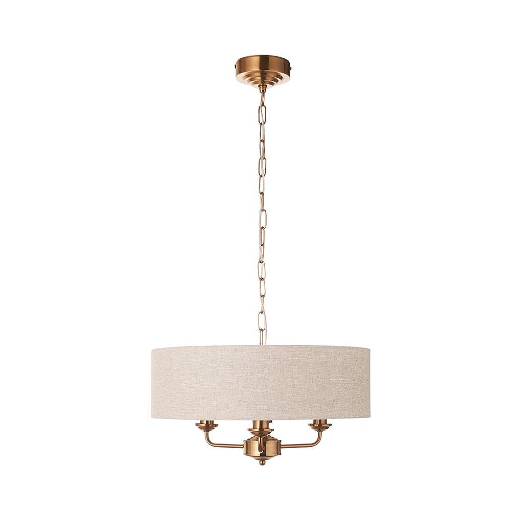 highclere aged brass 3 light pendant natural linen shade by Endon Lighting Dining Room Close Up Image
