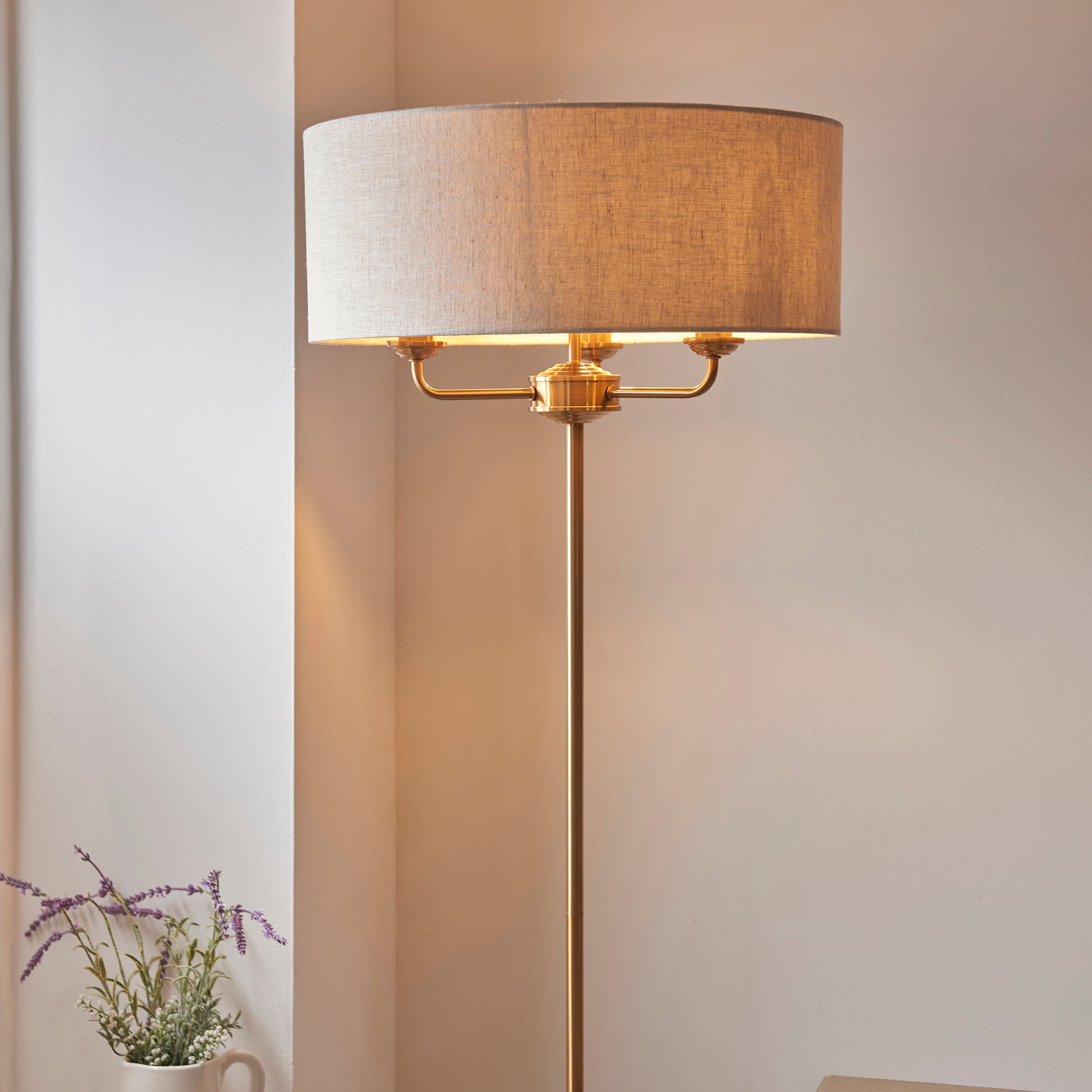 Endon Highclere Vintage Brass Floor Lamp - Linen Shade