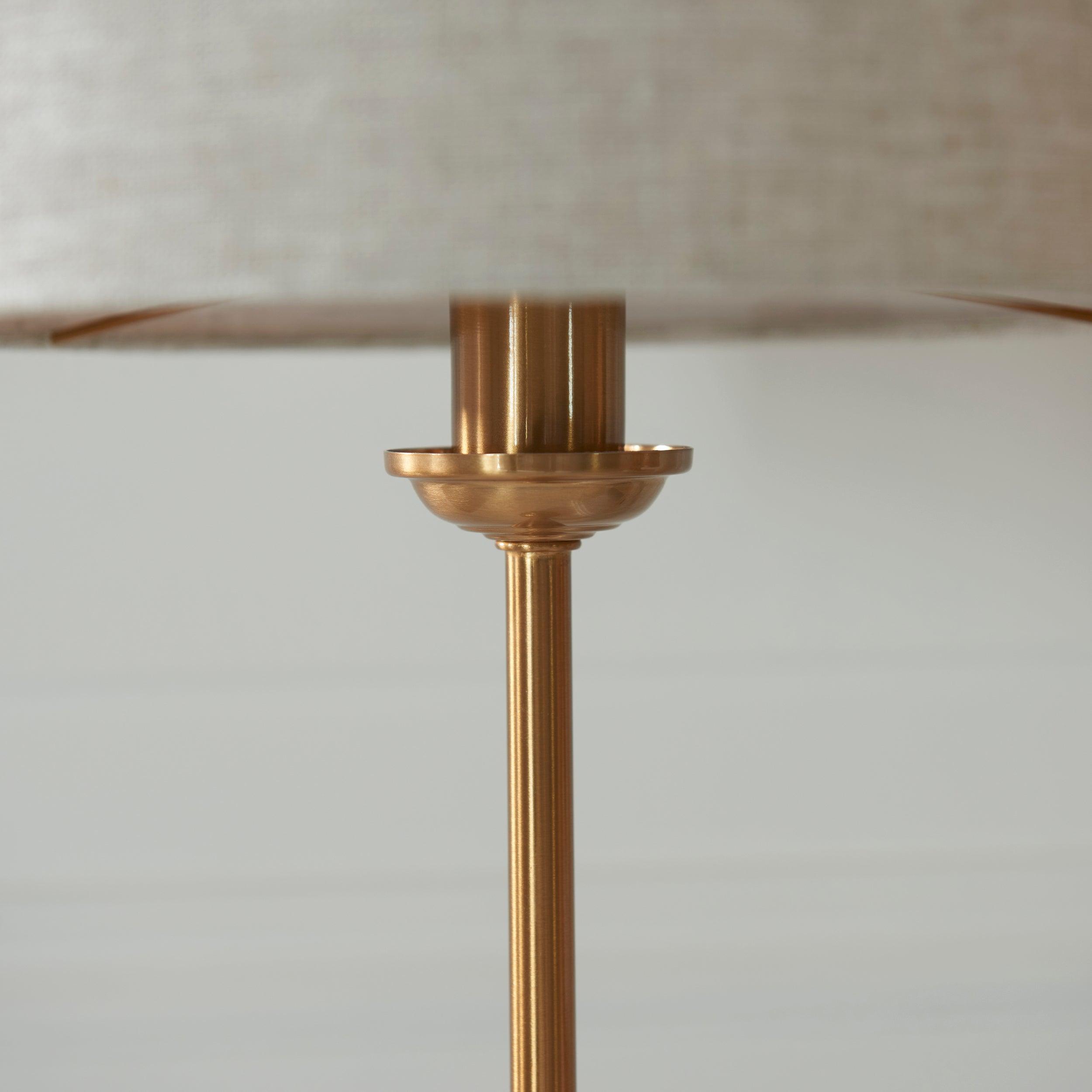 highclere vintage brass table lamp natural shade by Endon Lighting Bedroom Close Up Image