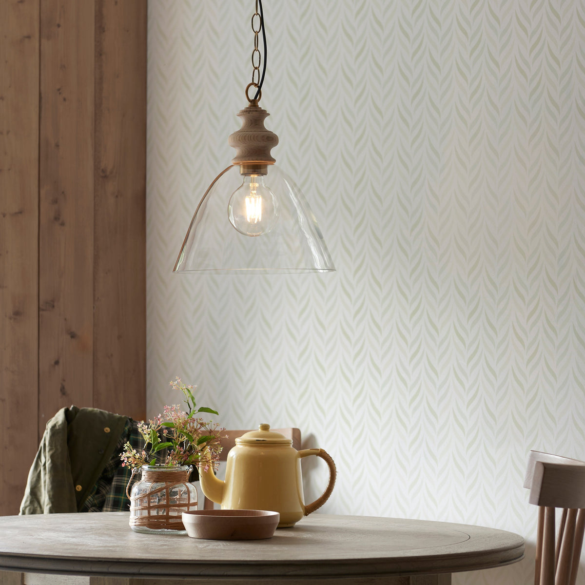 Cotswold Wood Pendant Ceiling Light with Glass Shade-warehouse-180926