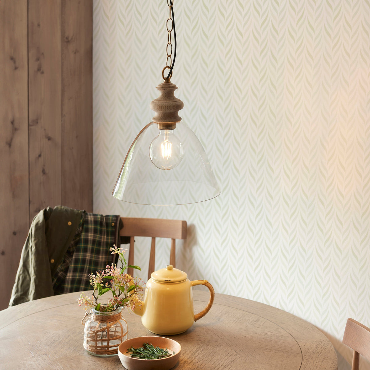 Cotswold Wood Pendant Ceiling Light with Glass Shade-warehouse-180926