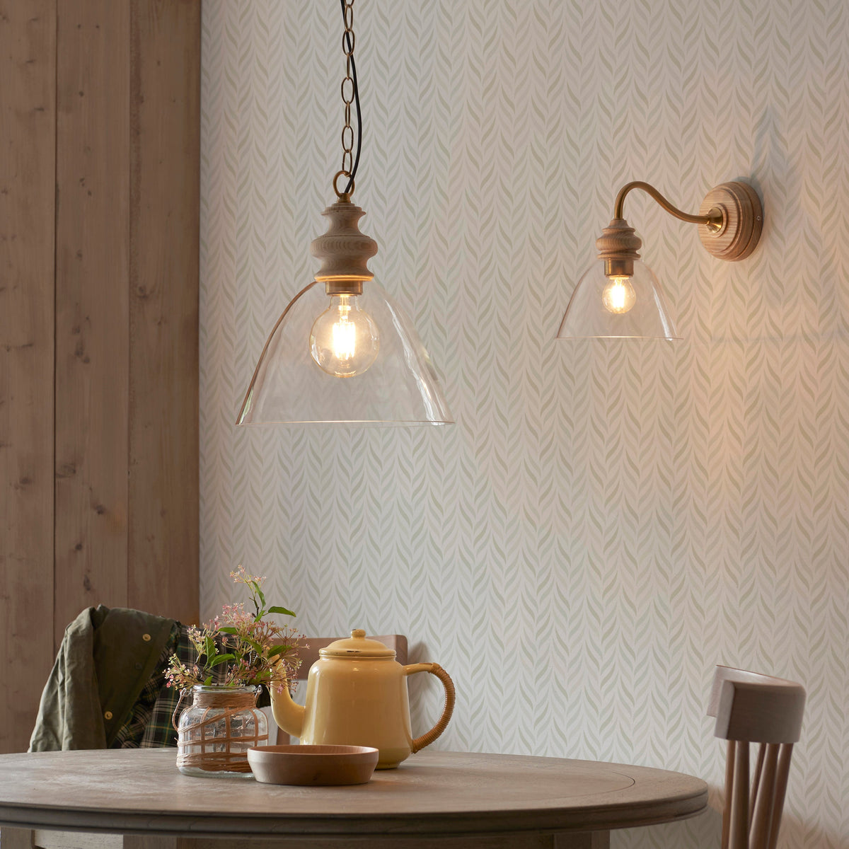 Cotswold Wood Pendant Ceiling Light with Glass Shade-warehouse-180926