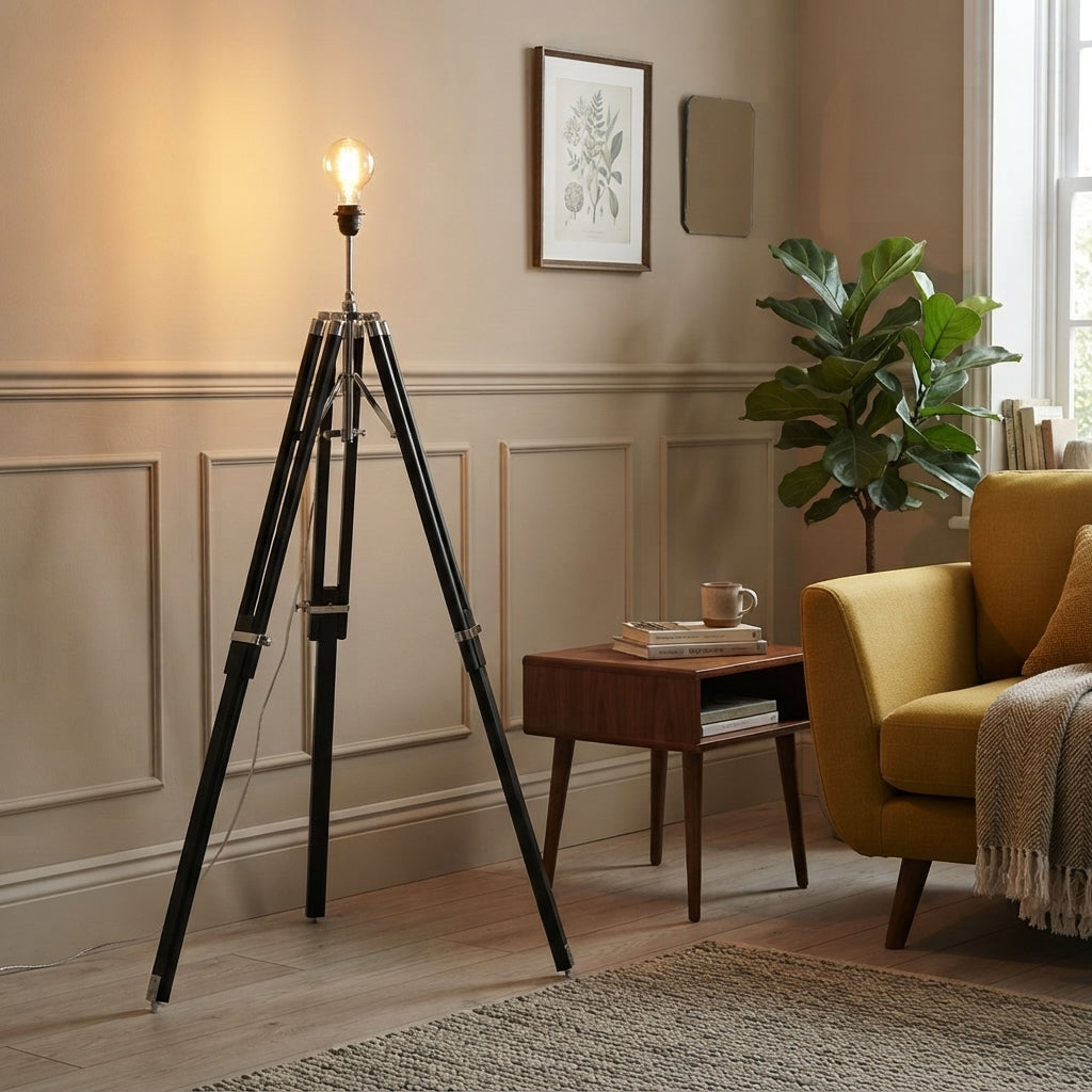 Tripod Dark Mango Wood & Nickel Floor Lamp Base-WAREHOUSE-40-290626