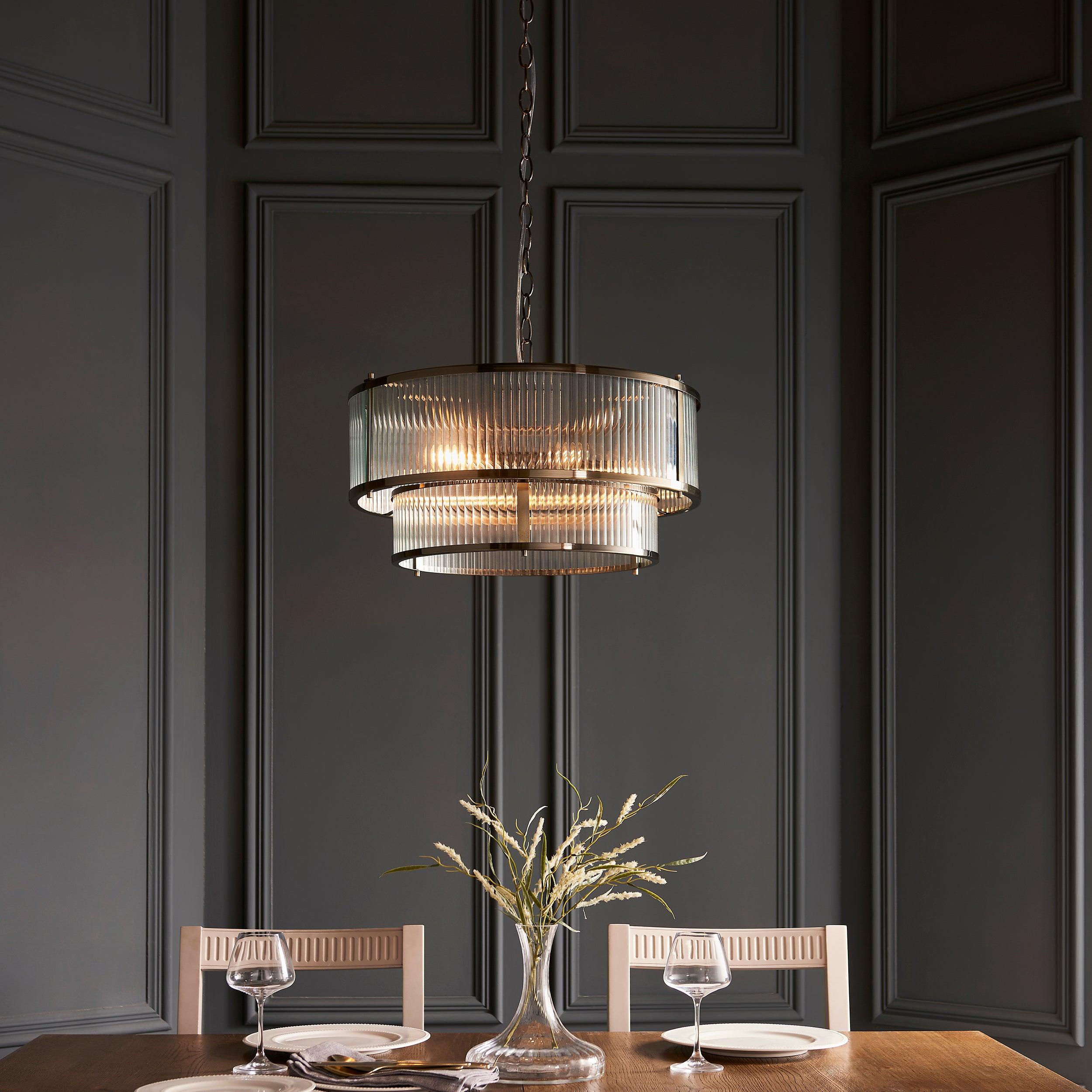 Ridgeton 5 Light Antique Brass & Ribbed Shade Glass Pendant-OPEN-BOX-040626