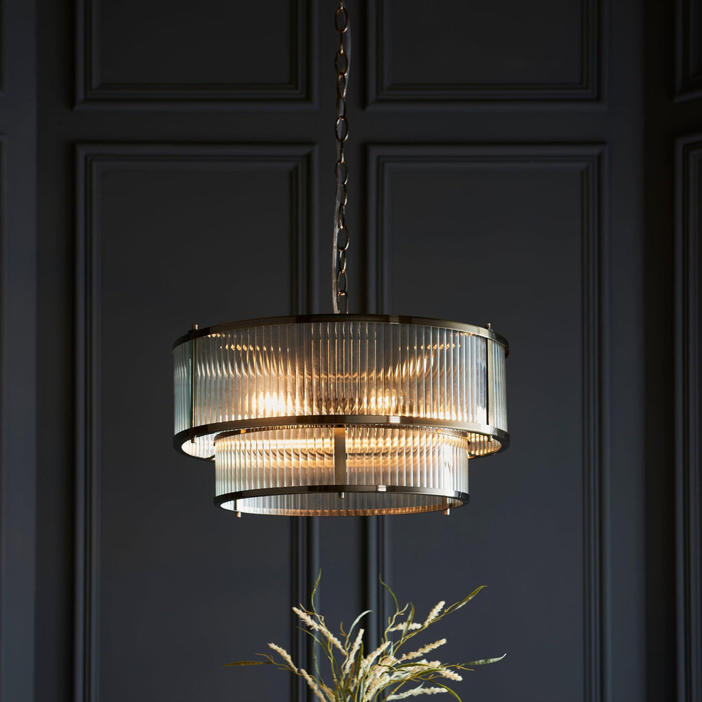 Buy Ridgeton 5 Light Brass and Ribbed Shade Glass Pendant