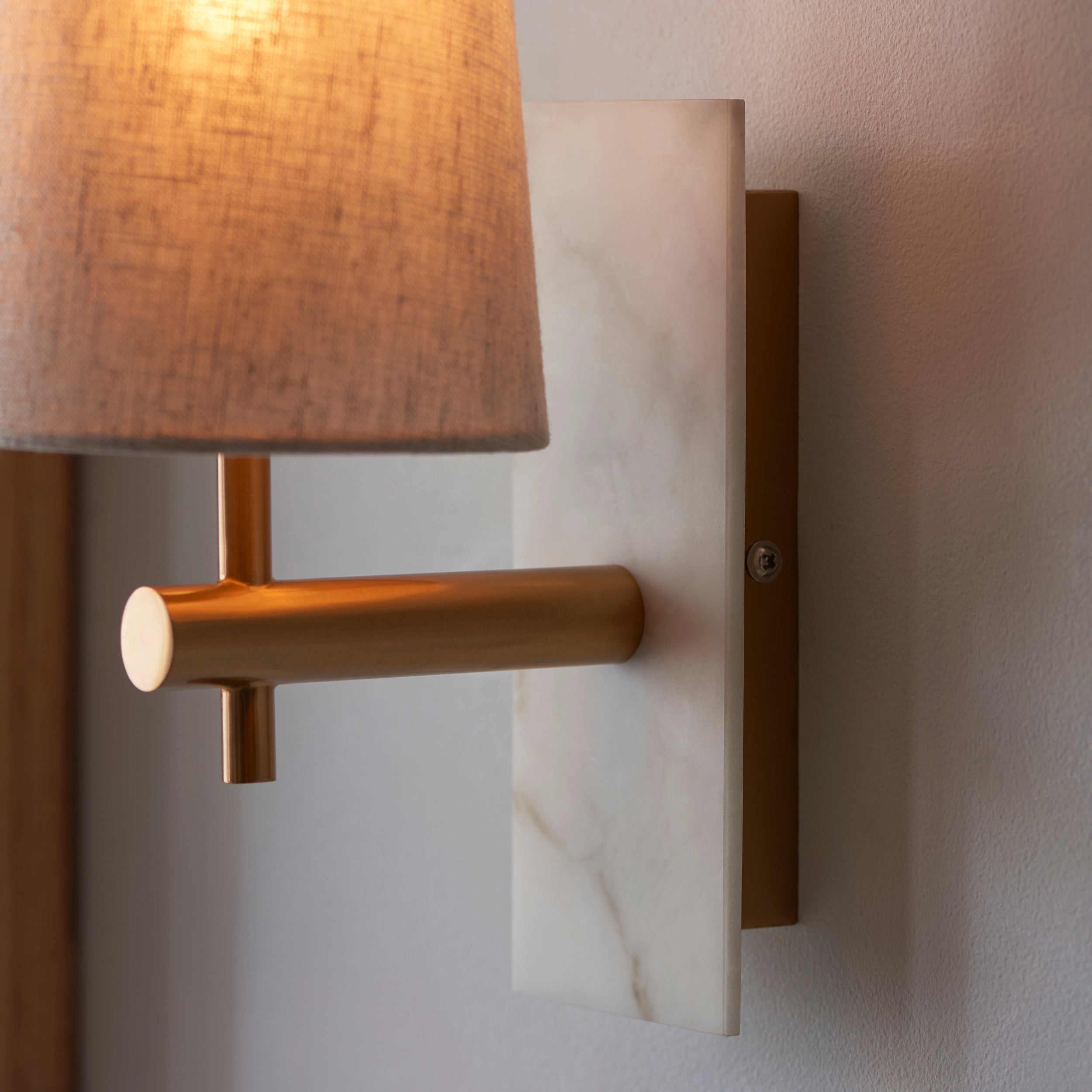 Living Lights Brass & White Marble Wall Light - Tapered Linen Shade