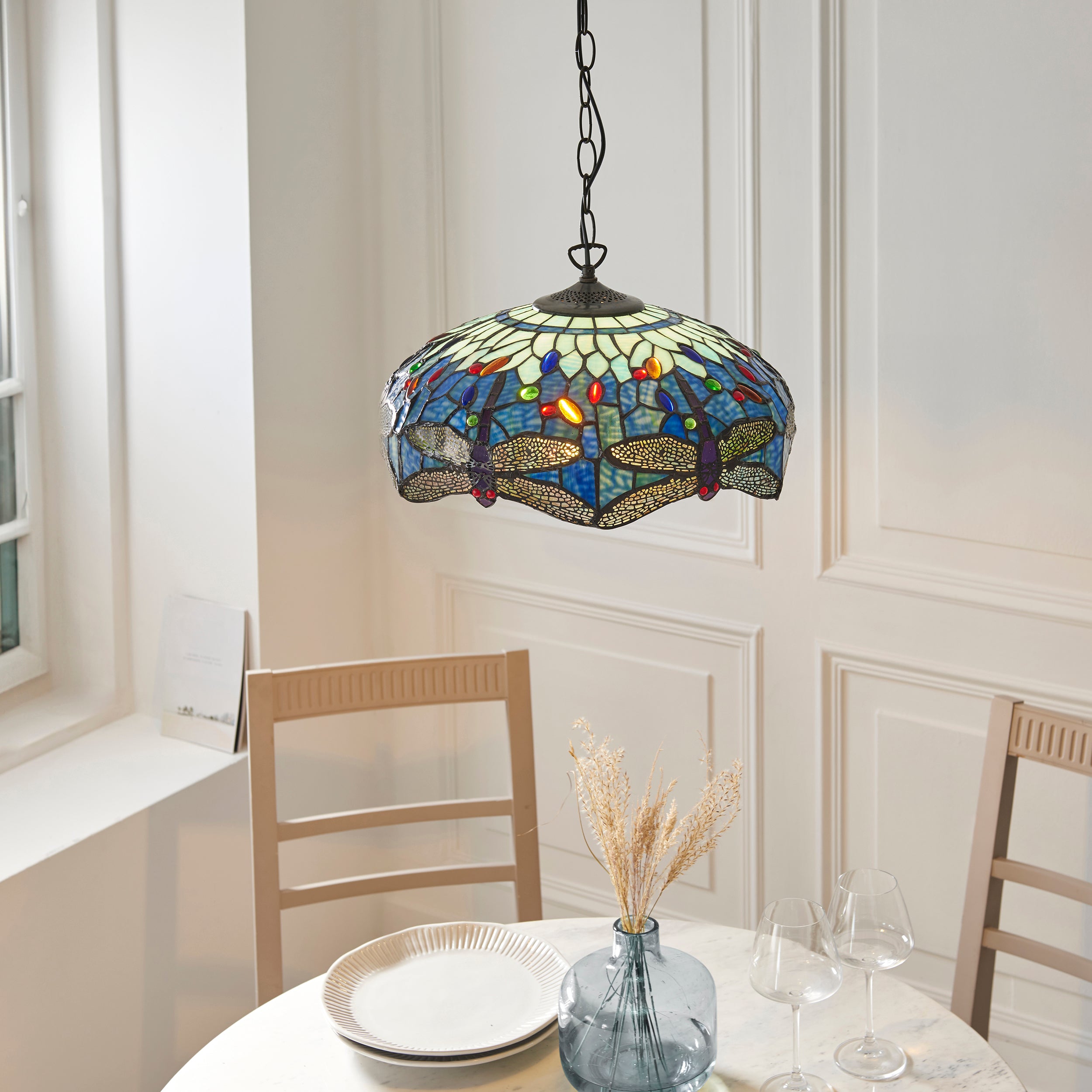Blue Dragonfly Medium Tiffany Ceiling Light - 1 Bulb Fitting