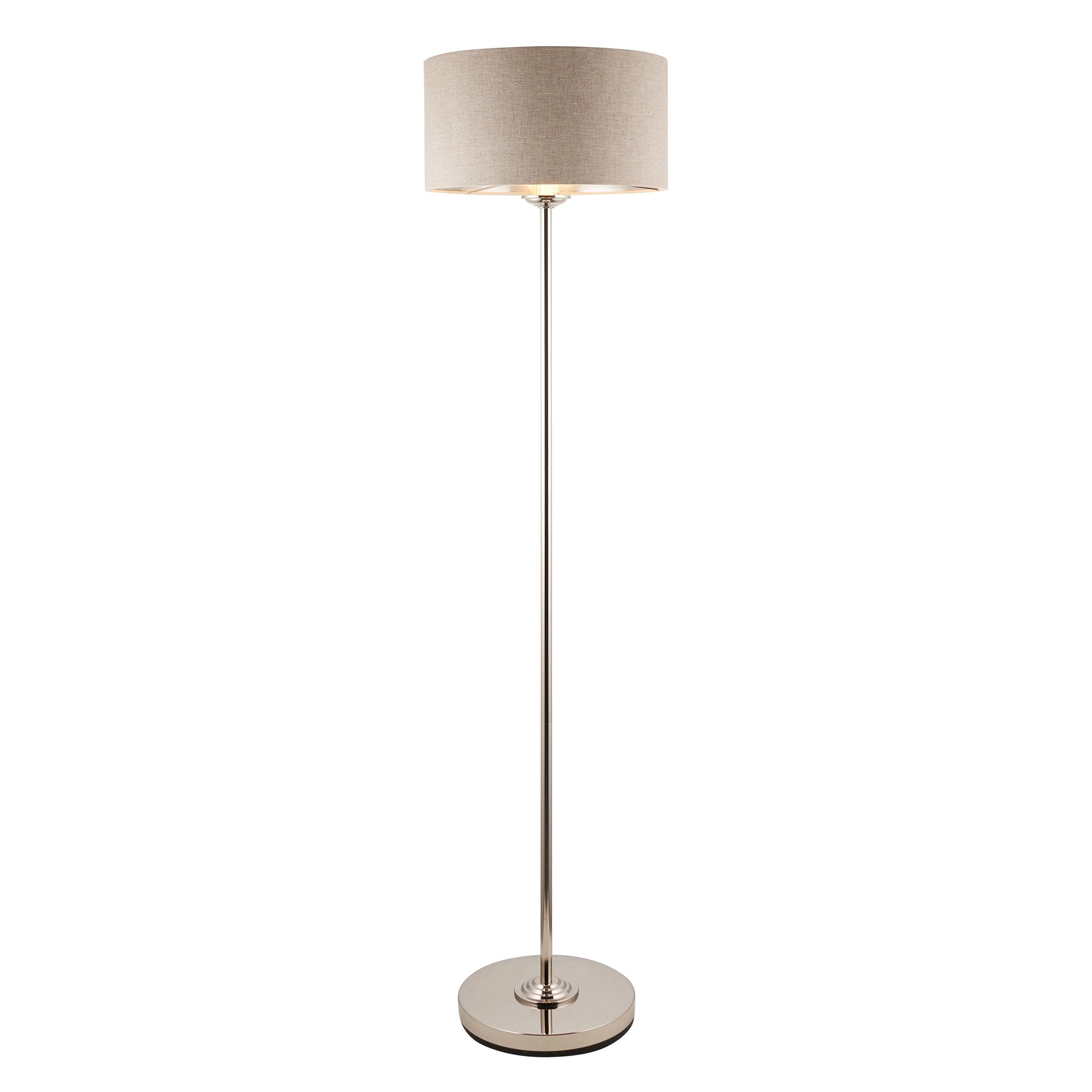 Highclere Brushed Chrome 1 Light Floor Lamp Natural Linen Shade