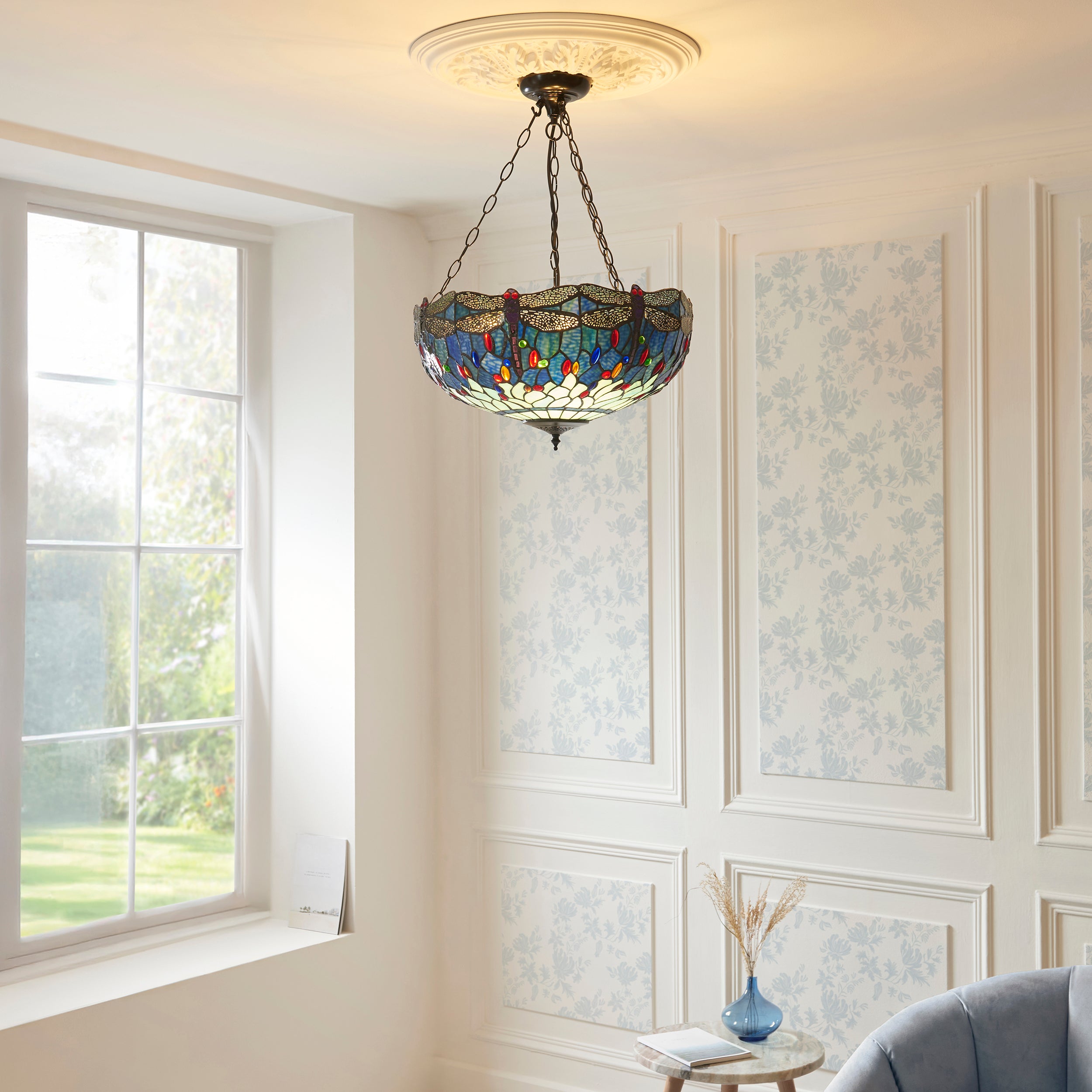 Blue Dragonfly Large Tiffany Inverted Tiffany Ceiling Light