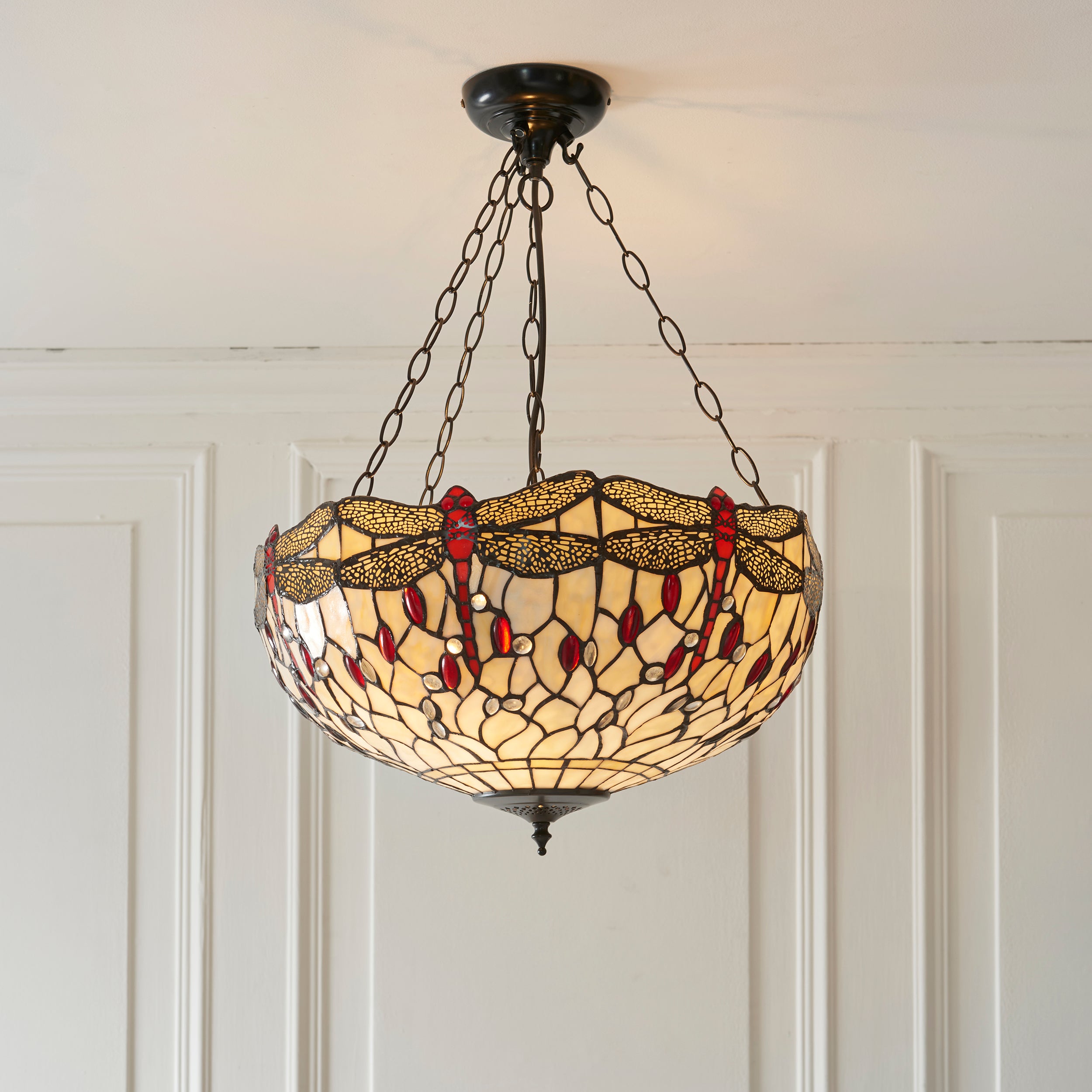 Beige Dragonfly 50cm Inverted Tiffany Ceiling Light - Adj Chain
