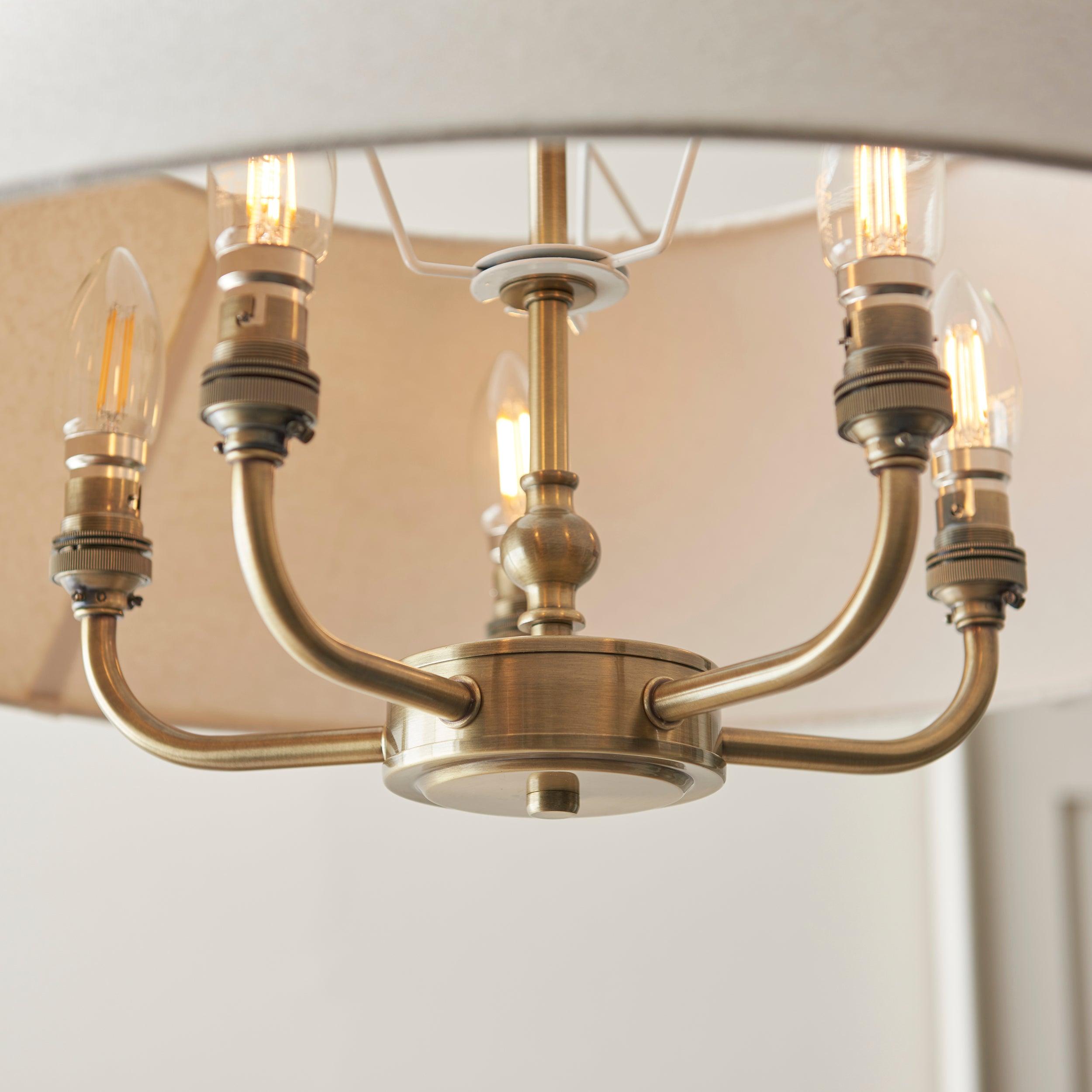 Endon Lille Antique Brass 5 Light Pendant - Linen Shade