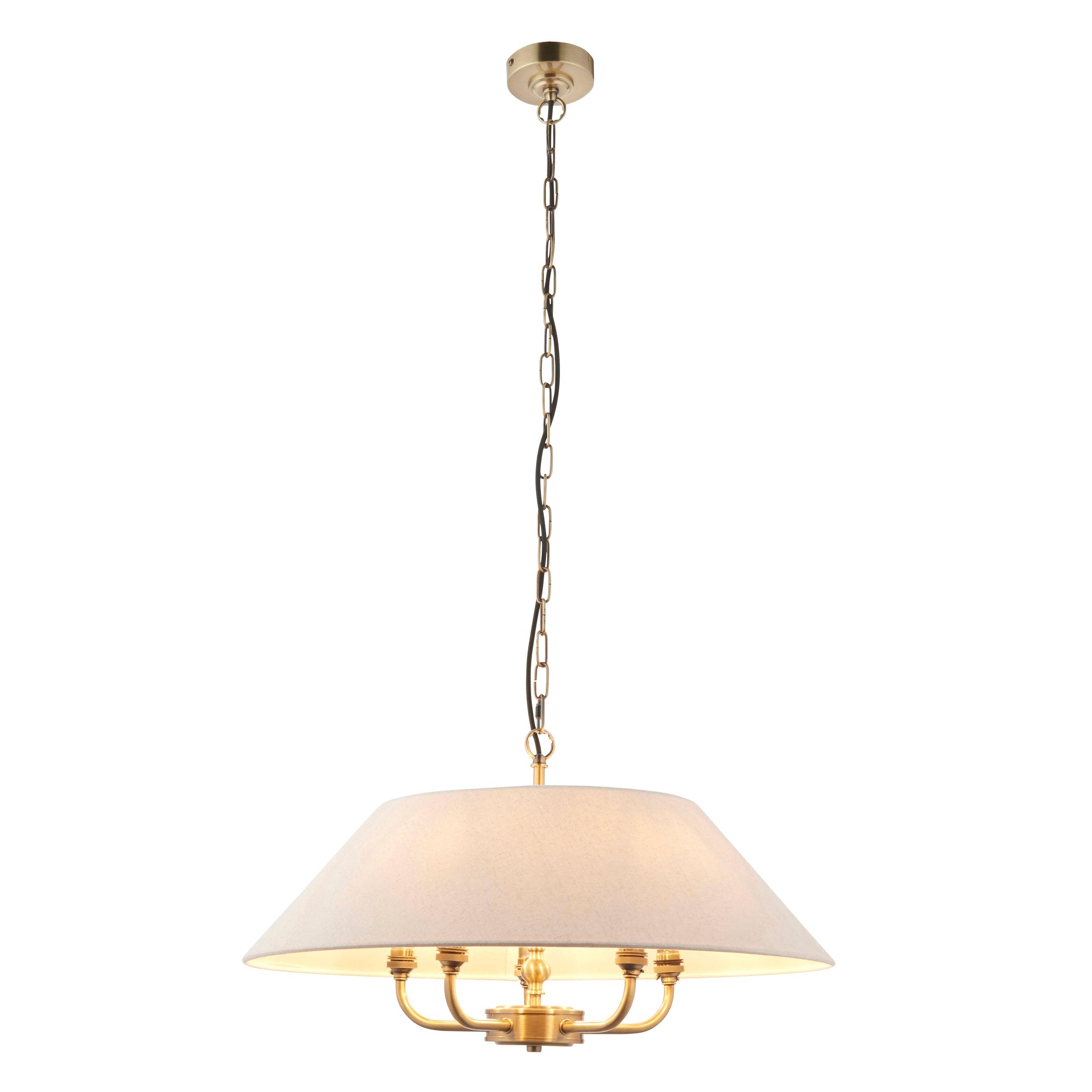 Endon Lille Antique Brass 5 Light Pendant - Linen Shade