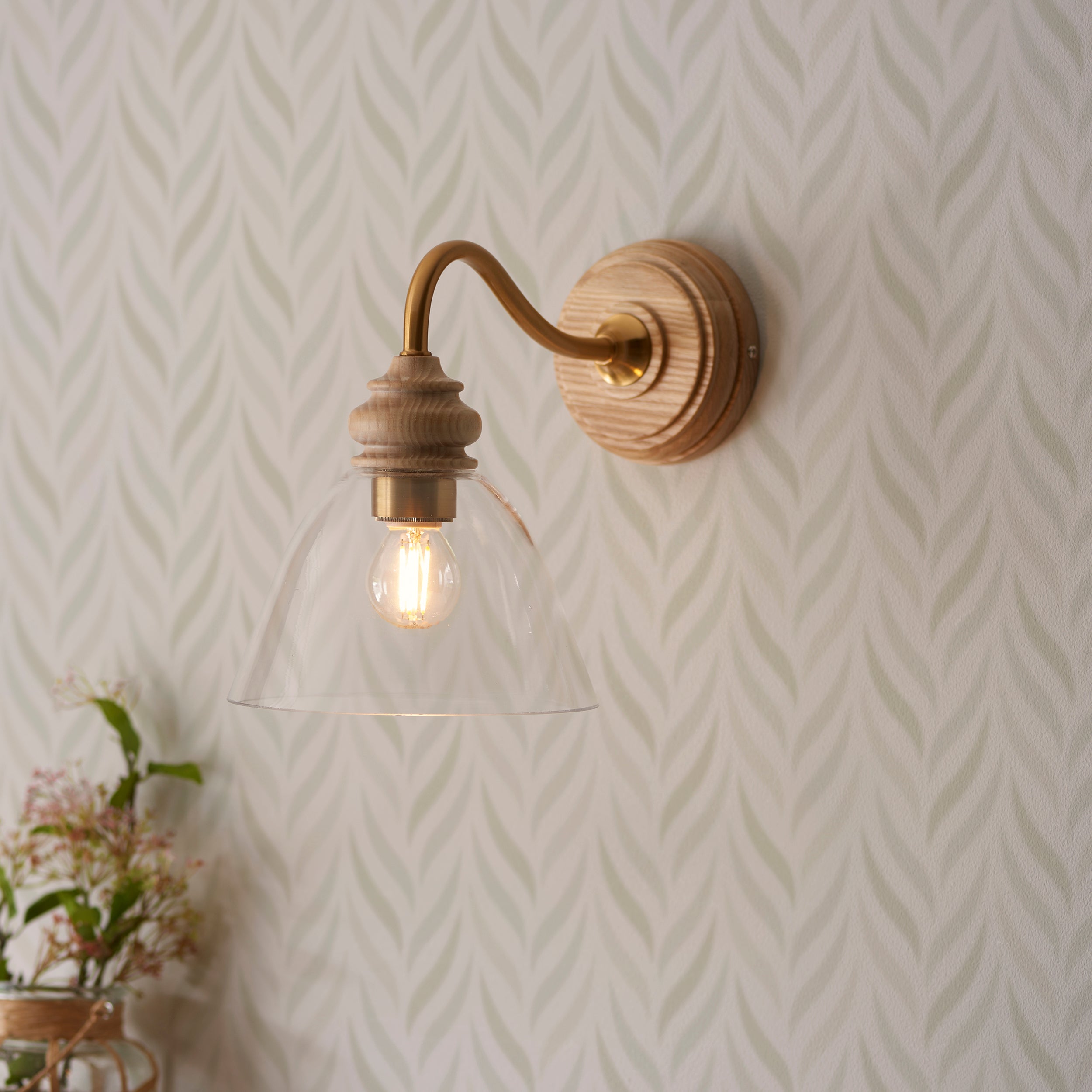 Cotswold Wood & Brass Wall Light with Glass Shade