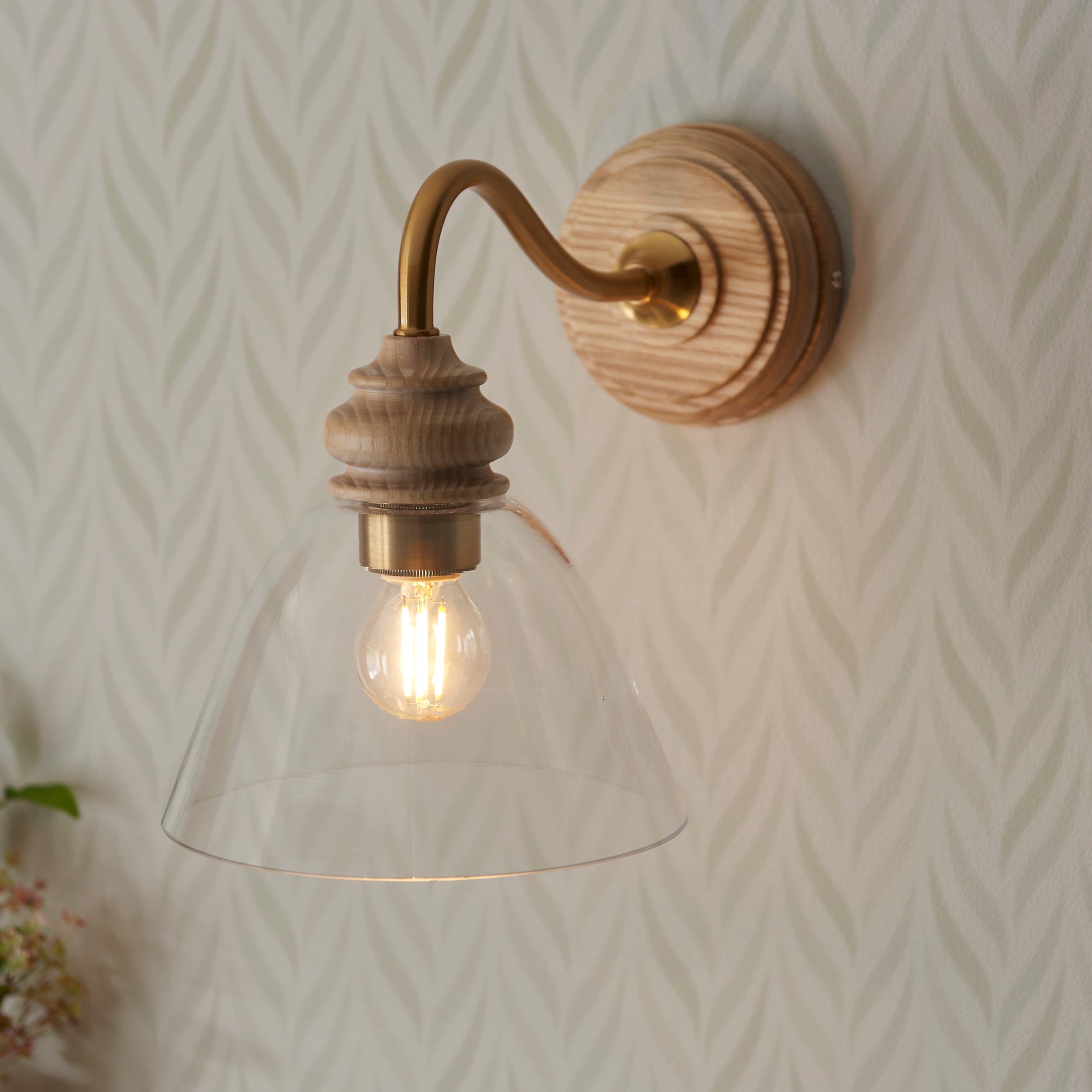 Cotswold Wood & Brass Wall Light with Glass Shade