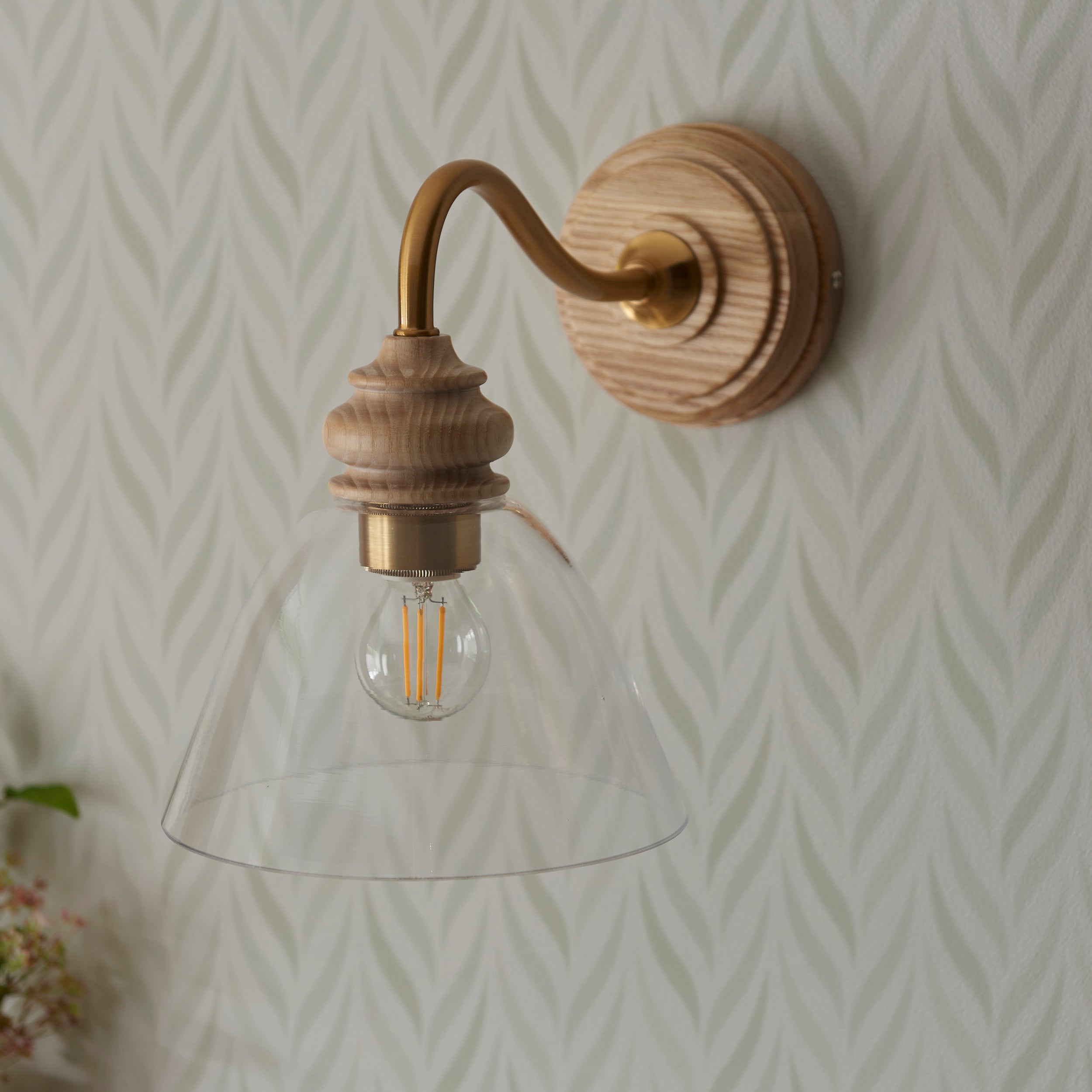 Cotswold Wood & Brass Wall Light with Glass Shade