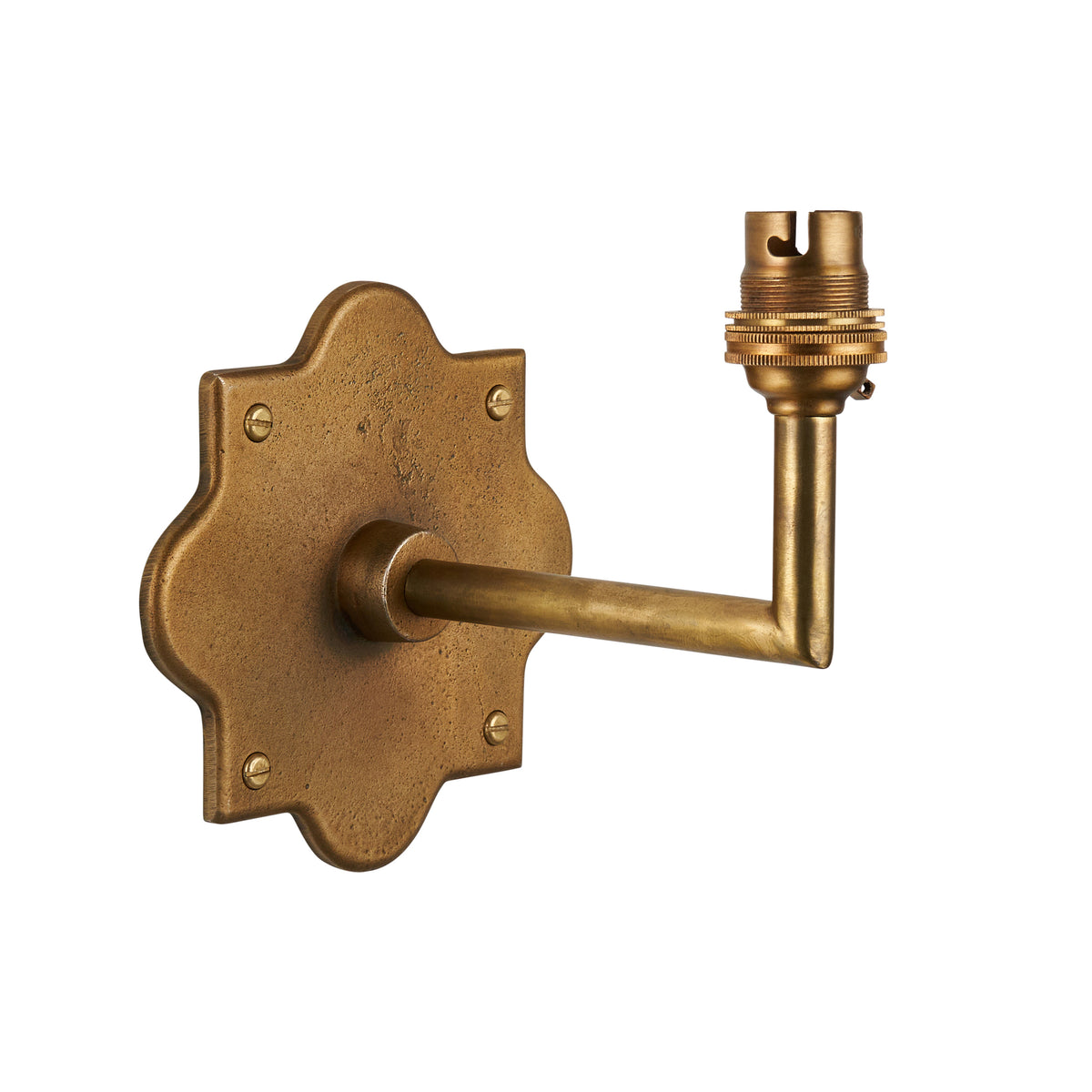 Anvil Angle antique brass wall light with scalloped backplate and straight angled arm topped by a bulb holder