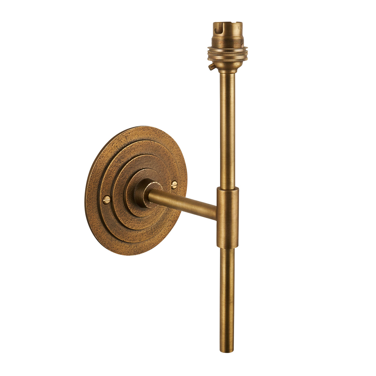 Halo Tall antique brass wall light with stepped circular backplate and tall upright stem holding a bulb holder