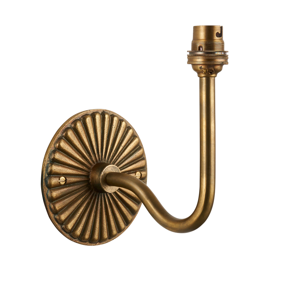 Dahlia Swan antique brass wall light with fluted petal backplate and swan-neck arm holding a bulb holder