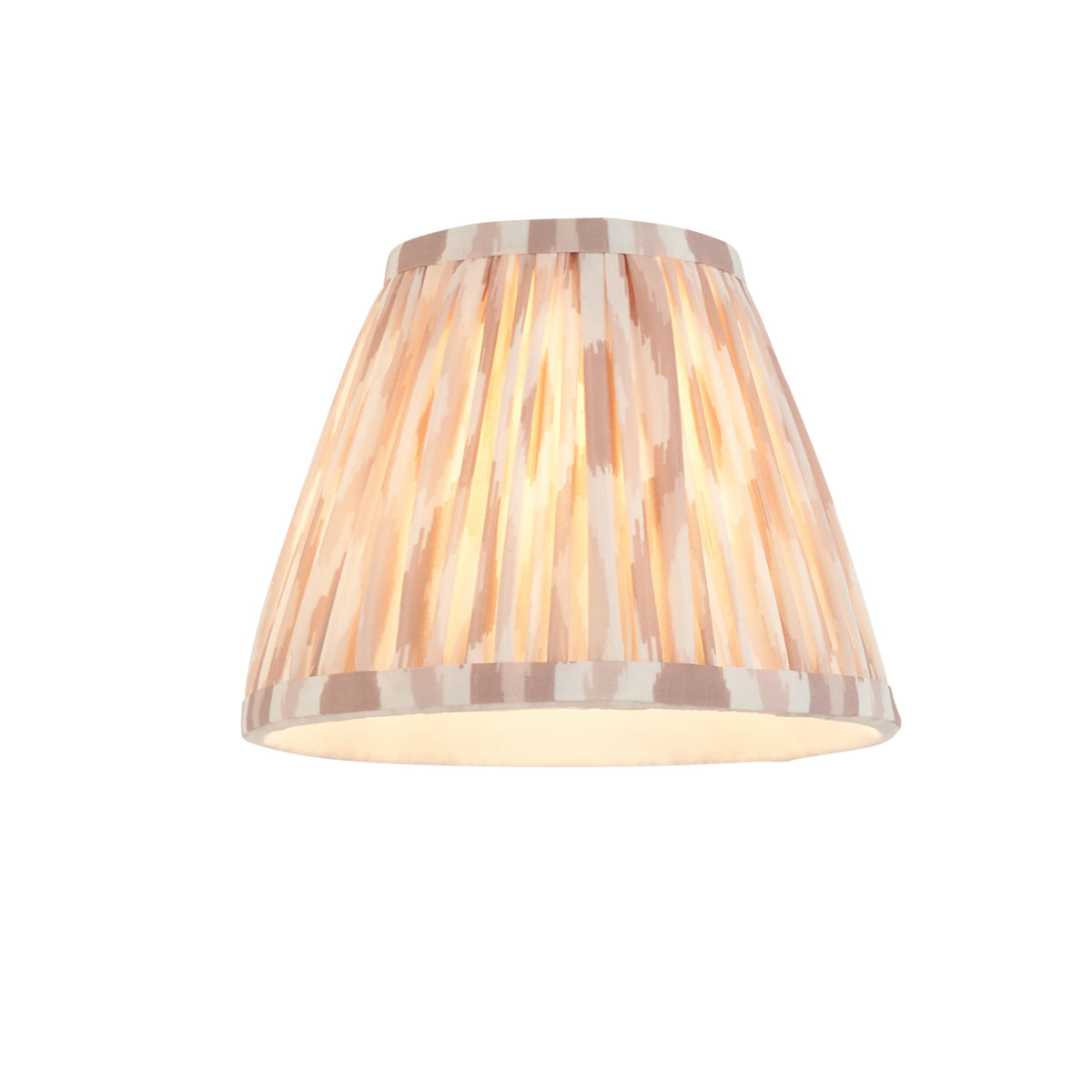 Pleated natural ikat tapered lampshade in taupe and cream, photographed alone and lit
