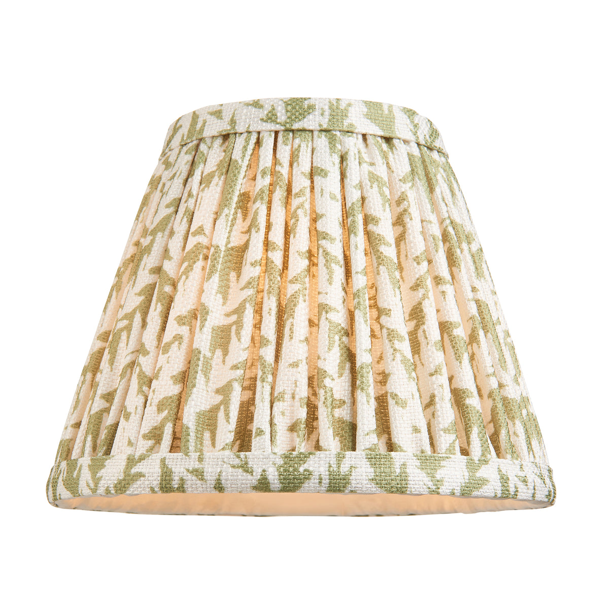 Green leaf-print pleated tapered lampshade shown alone and lit, revealing the foliage design