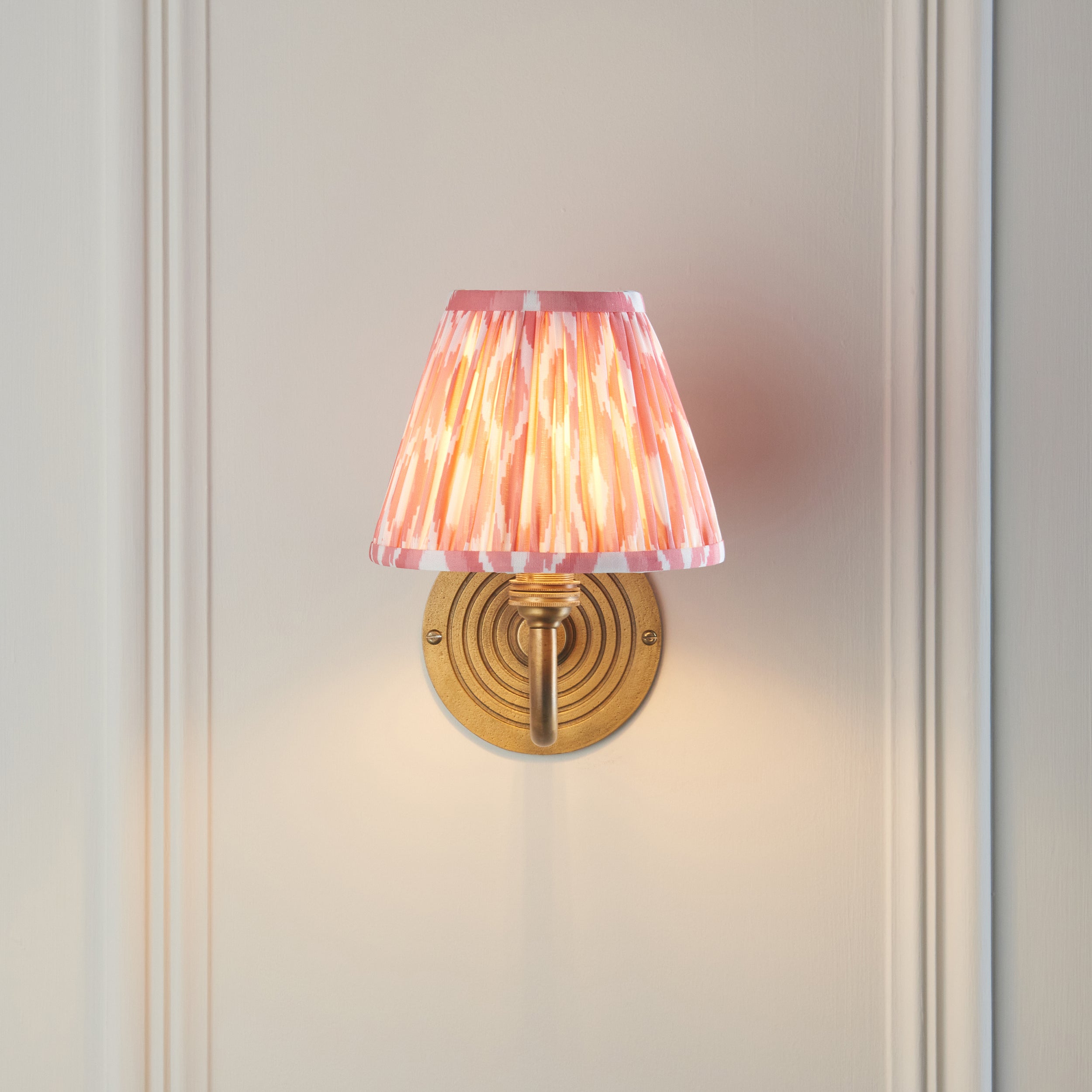 Ripple Curve Brass Wall Light & Coral Pink Ikat 16cm Shade